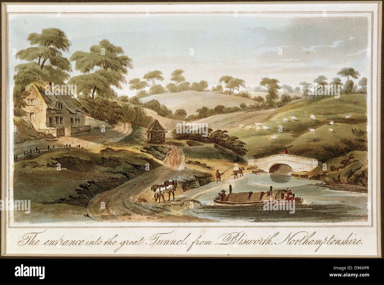 Grand Junction Canal, Teil eines Netzwerks und London mit Midlands Herstellung von Ortschaften und mit Liverpool. Boot nähern Eingang zu den großen Tunnel vom Shutlanger Ende (Northamptonshire). Chief Engineer, William Jessop: Resident Engineer, James Barnes. Von J. Hassell' Tour des Grand Junction Kanal', London, 1819. Aquatinta. Stockfoto