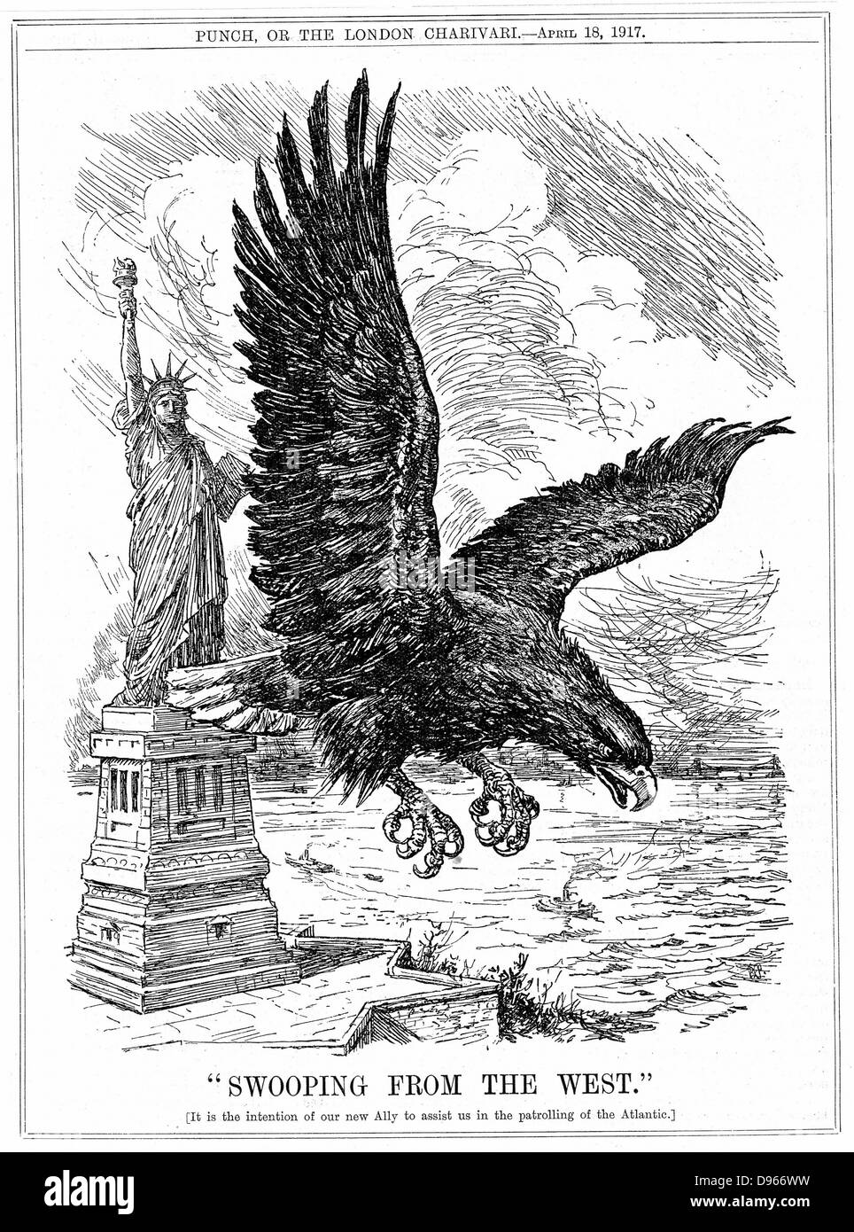 Weltkrieg I: Amerikanische Adler gleich, der den Atlantik. Cartoon von L. Ravenhill von 'Lochen', London, 18. April 1917, als Amerika versprach Großbritannien in patrouillieren zu unterstützen den Atlantik der Untergang der Versand durch die Deutsche Marine zu verhindern. Gravur Stockfoto