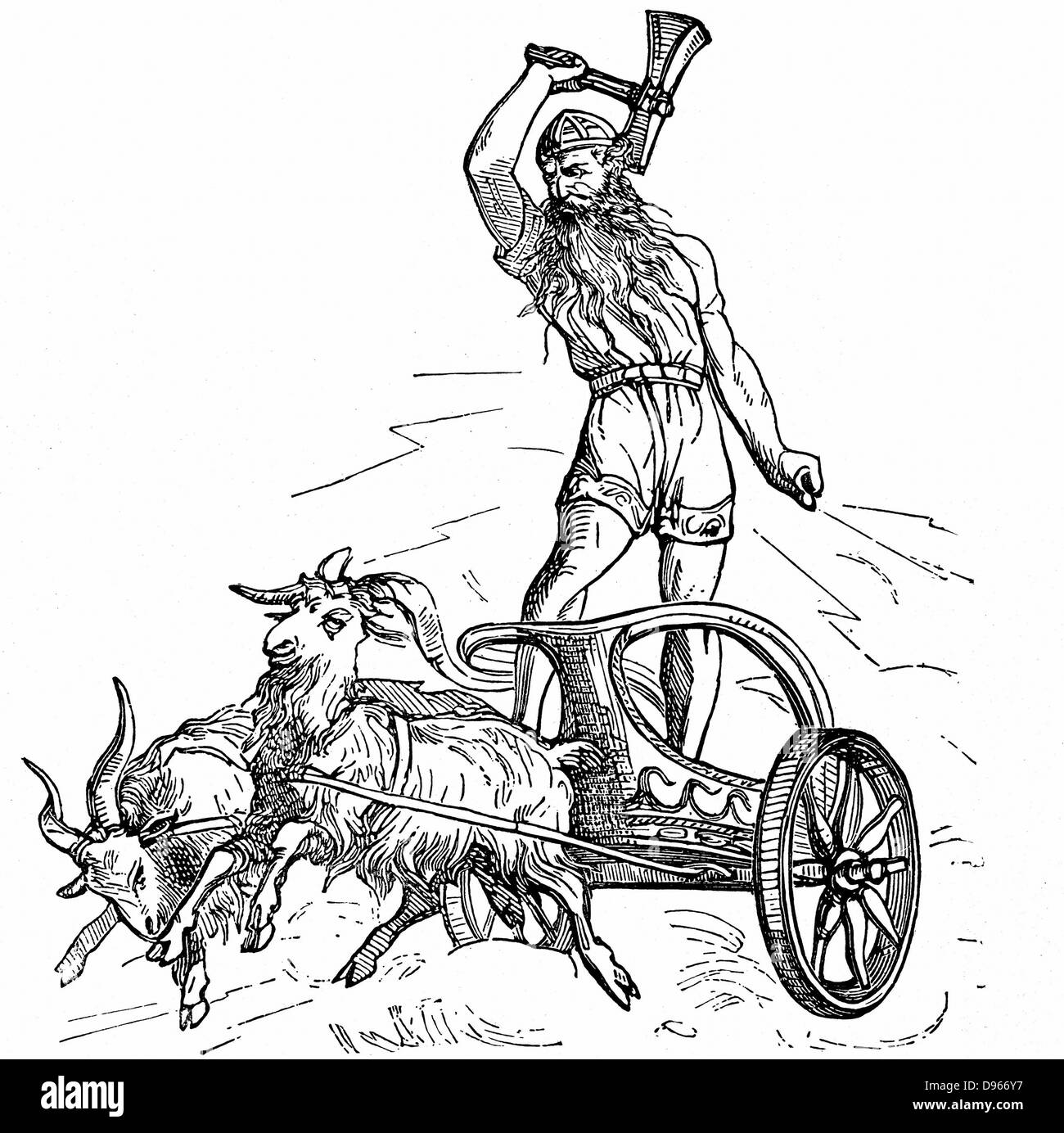 Thor, der Sohn des Odin oder Odin, der zweite Gott in der alten skandinavischen Pantheon, und reiten und fahren, auf Wagen durch Ziegen und seinem Hammer schwingt, Symbol für Blitz und Donner. Holzschnitt. Stockfoto