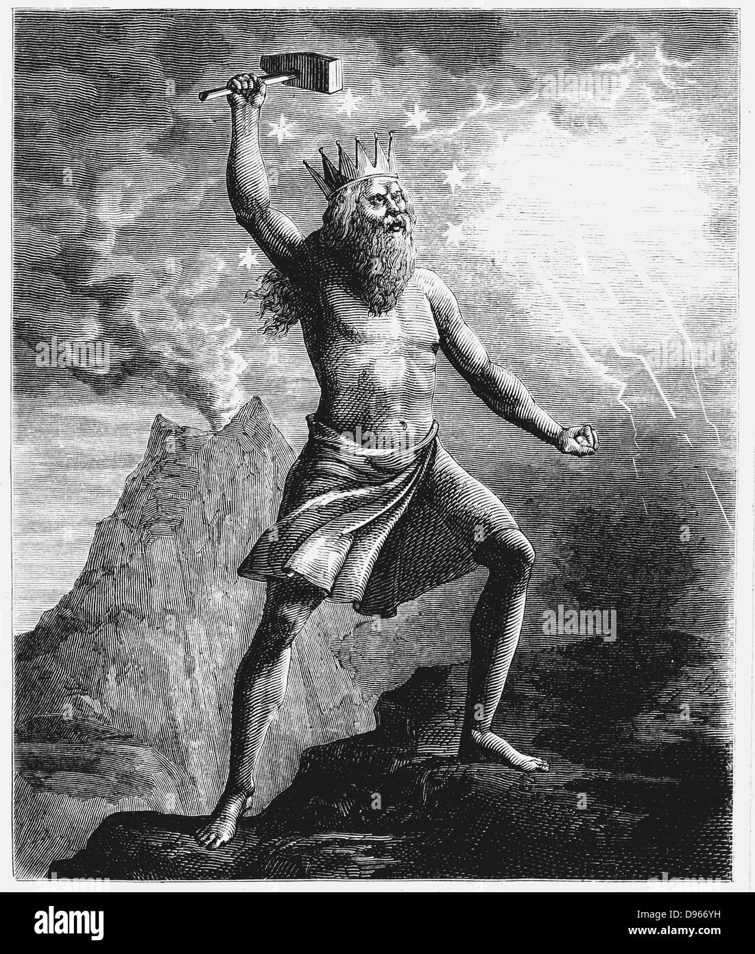 Thor, Sohn von Odin oder Odin. Gott des Donners in den skandinavischen Pantheon, dargestellt seinen Hammer schwingt, Symbol für Blitz und Donner, als er die Kugel wieder aufgebaut. Holzstich, 1874 Stockfoto