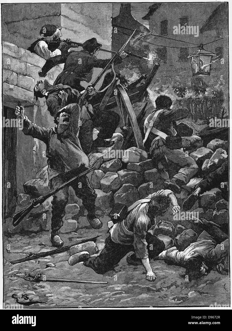 Revolution in Paris, 1848: kämpft auf den Barrikaden. Holzschnitt c1885 Stockfoto