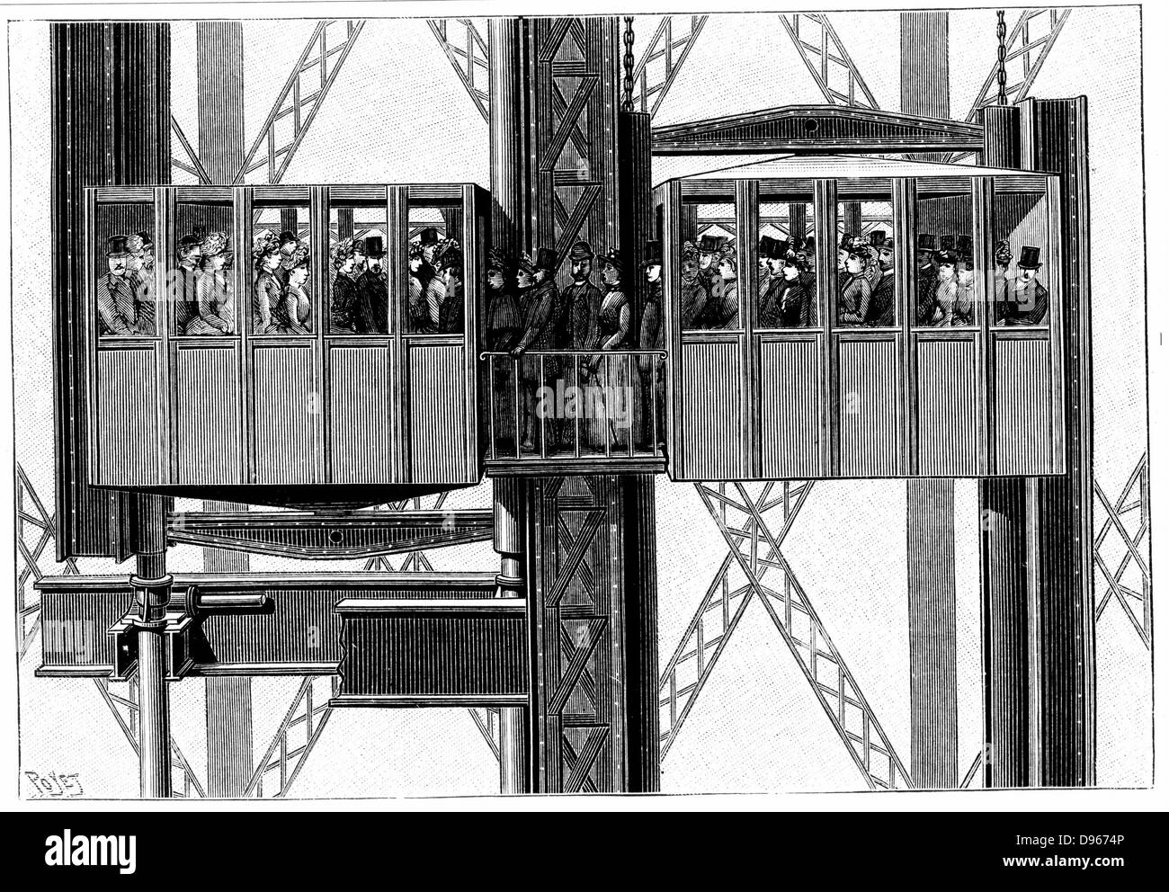 Aufzüge (Aufzüge) von Leon Edoux zur Personenbeförderung auf der zweiten und dritten Ebene des Eiffelturms. Gravur, Paris, Stockfoto