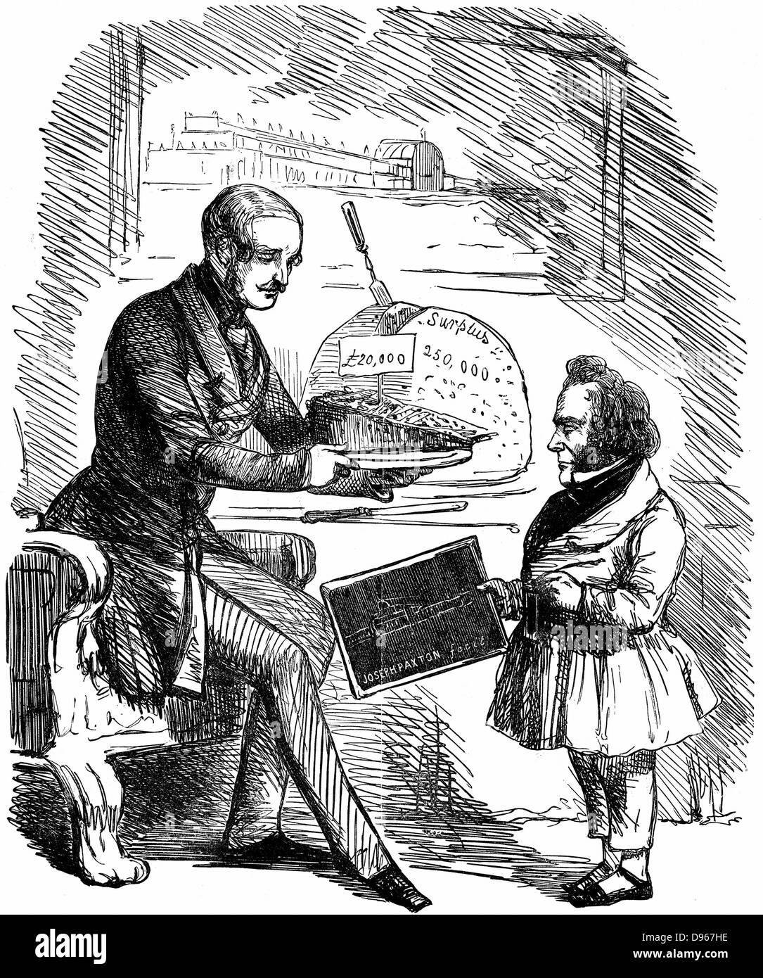 Albert, Prinzgemahl von Königin Victoria, Übergabe Joseph Paxton, Designer des Crystal Palace, ein £ 20.000 Stück 'Solid Pudding" von der überschüssigen Mittel aus der Weltausstellung von 1851 in Hyde Park, London. John Tenniel Karikatur aus "Punch". Holzstich Stockfoto