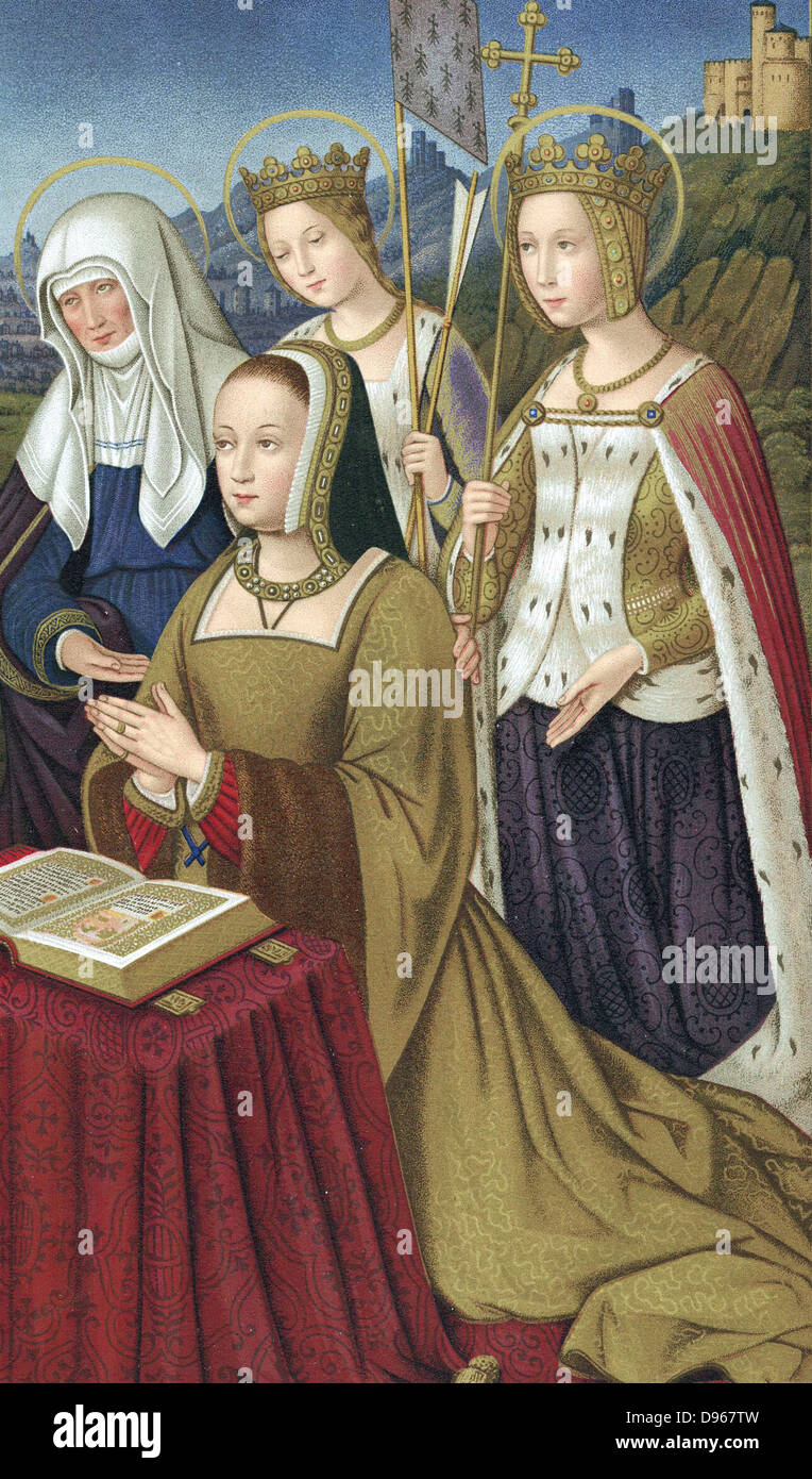 Anne de Bretagne (1476-1514), Herzogin der Bretagne 1488. Heiratete Charles VIII. von Frankreich 1491, dann Louis XII 1499. Farbige Lithographie von Miniatur aus "Heures d'Anne de Bretagne" zeigte ihr im Gebet von ihrem Schutzheiligen Anne Mutter der Jungfrau, Ursula mit Banner unterstützt, und ein anderer Heiliger. Stockfoto