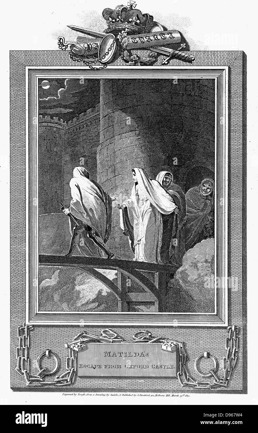 Kaiserin Matilda (1102-1167), Tochter von Heinrich I. von England und Mutter von Heinrich II., die Ehefrau von Henry V von Deutschland. Kämpfte Stephen für die Krone von England. Hier Flucht aus der belagerten Burg, Oxford 1142. Anfang des 19. Jahrhunderts Gravur. Stockfoto