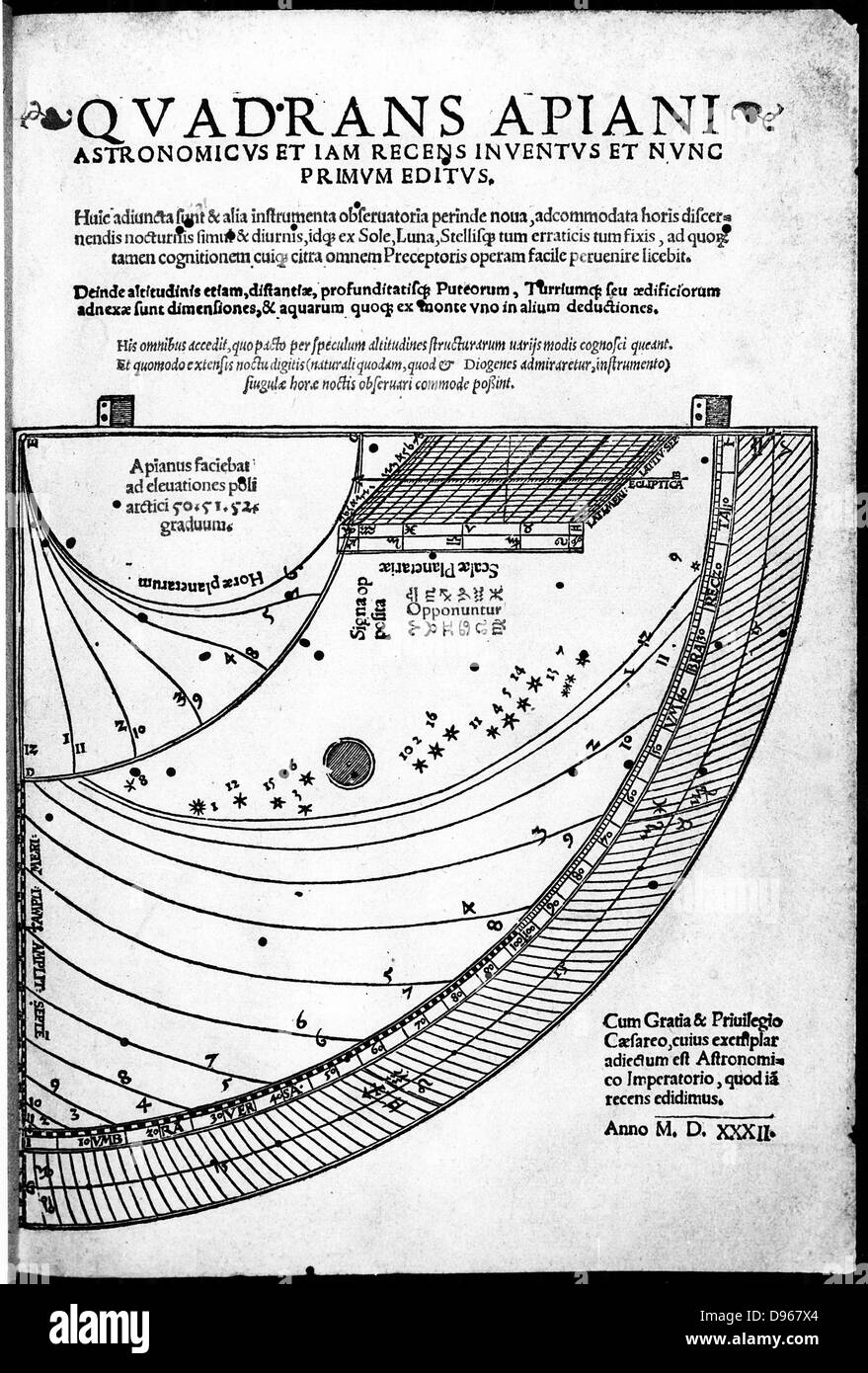 Petrus Apianus Peter Apian (1495-1552), deutscher Mathematiker und Astronom. Titel Seite seiner 'Quadrans Apiani', 1532, seine vor kurzem erfunden Quadranten angezeigt. Stockfoto