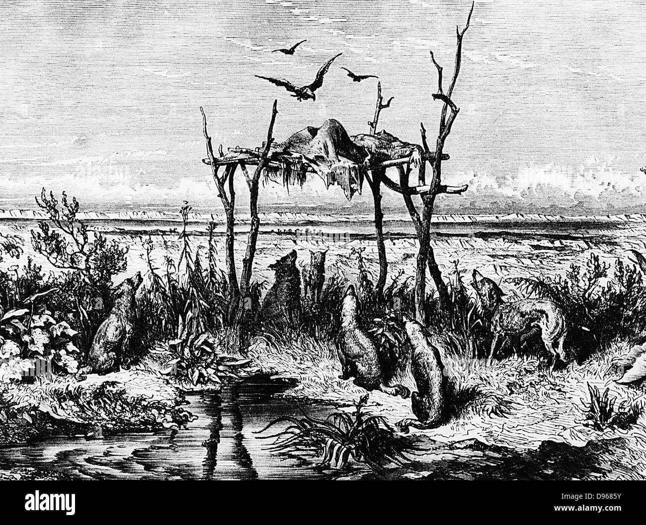 Beerdigung Zoll: Körper links auf angehobenen hölzernen Plattform ausgesetzt: Indianer Nordamerikas in der Region Saskatchewan River. Holzstich c 1870. Stockfoto