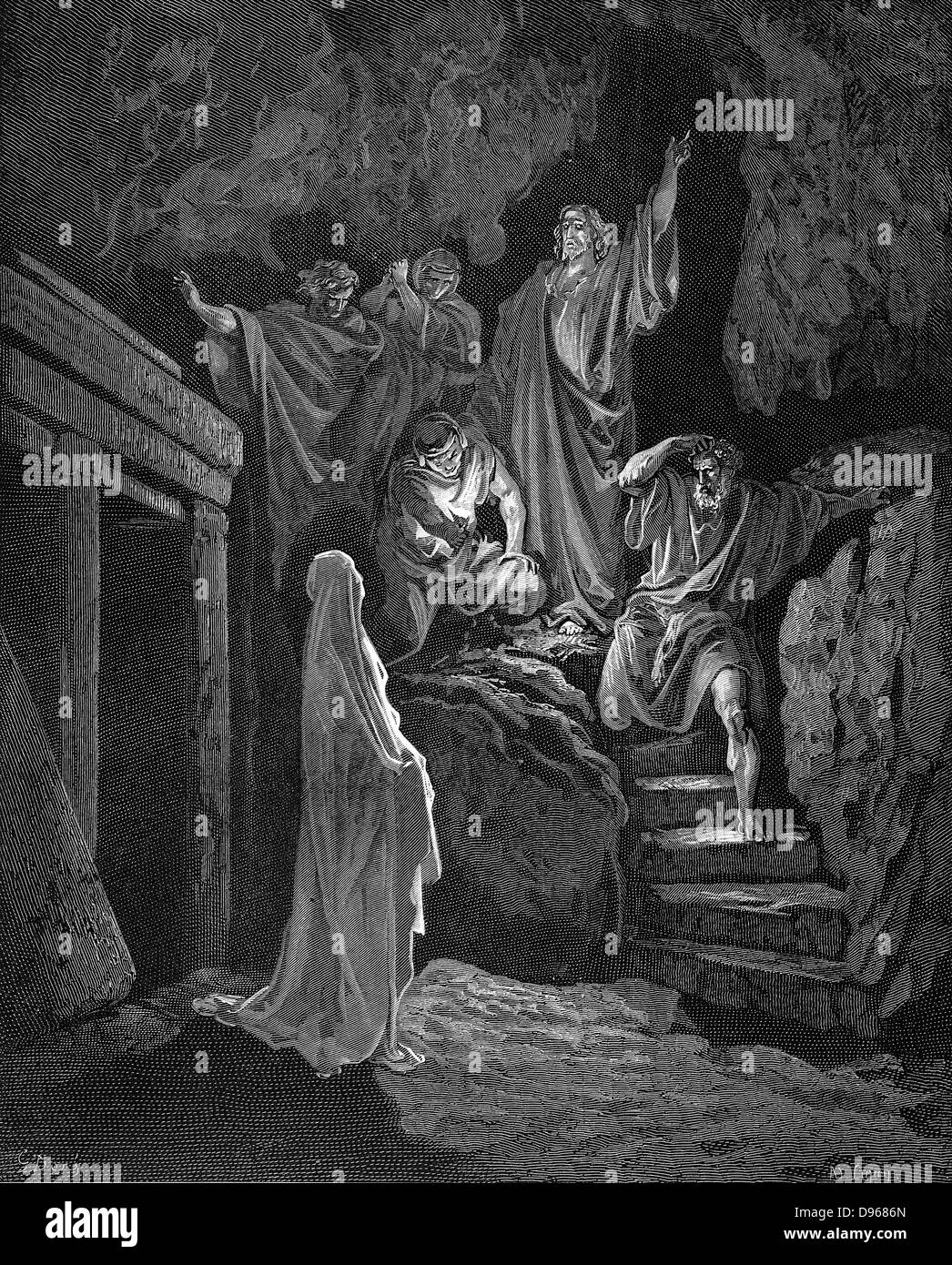 Jesus Lazarus aus dem Grab zu erhöhen. John 02:43 von Gustave Dore illustriert "Bibel" 1865-1866. Holzstich Stockfoto