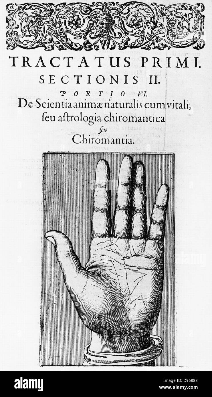 Titelseite des Kapitels auf chiromancy von Robert Fludd "Utriusque cosmi... historia' Oppenheim 1617-1619 zeigen die Linien der Hand. Kupferstich Stockfoto