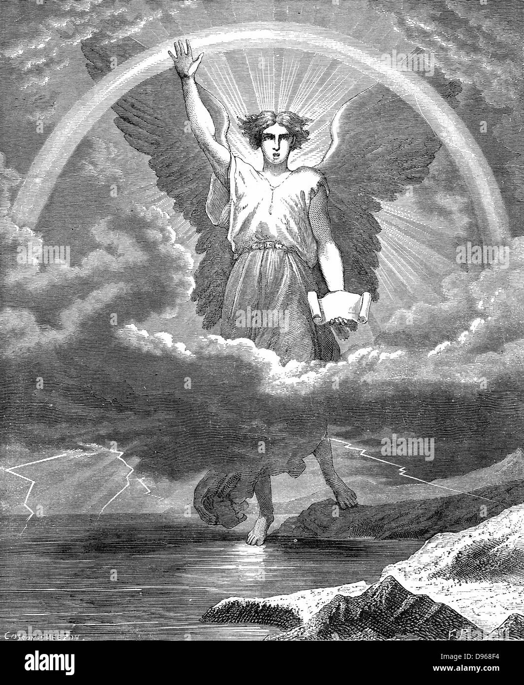 Der Engel mit dem Buch. "Bibel" Offenbarung 10:1-6. Holzstich-c1860 Stockfoto