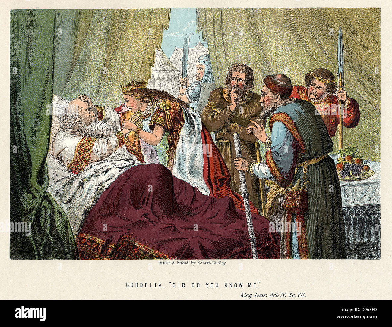 Shakespeares "König Lear" zuerst durchgeführt c 1605 Lear, verraten durch seine Töchter Goneril und Regan und von Wut, Ohnmacht, verwirrt und Misshandlungen, getröstet von seiner jüngsten Tochter Cordelia. Akt IV, Sc. VII. Chromolithograph c 1858. Stockfoto