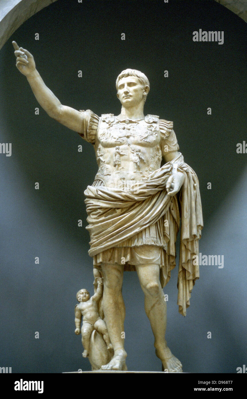 Augustus Caesar: Gaius Julius Caesar Octavianus (63 V.CHR.-14 N.CHR.), erster römischer Kaiser von 27 BC. Marmorstatue im Vatikan, Rom. Stockfoto