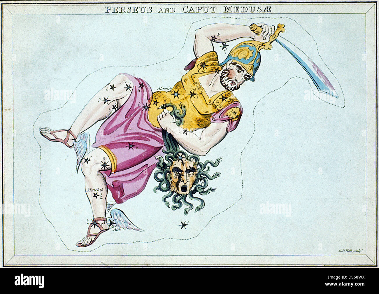 Sternbild Perseus, zeigt ihm das Haupt der Medusa. Von "Urania Mirror" London c1820. Handkolorierten Gravur Stockfoto