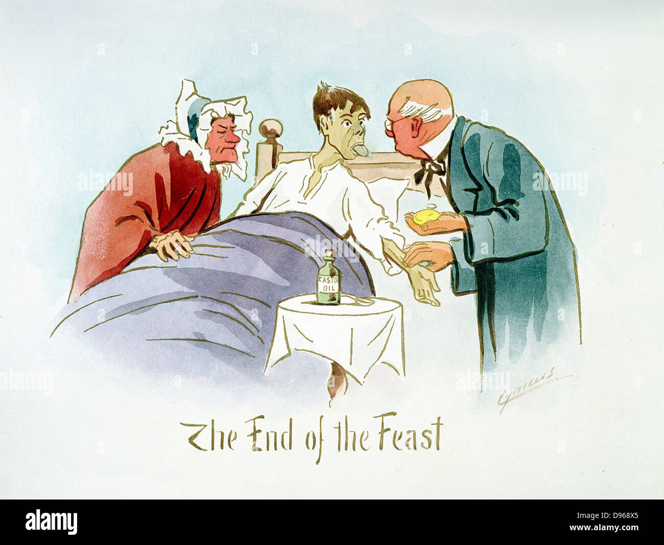 Am Ende des Festes": Junge im Bett zeigt furred Zunge zu Arzt, der Puls fühlt. Am Tisch ist Flasche Rizinusöl (Ricinus), die als Abführmittel gegeben werden. Handbemalte Karikatur von 'Cynicus' (Martin Anderson) Englisch c 1895. Stockfoto