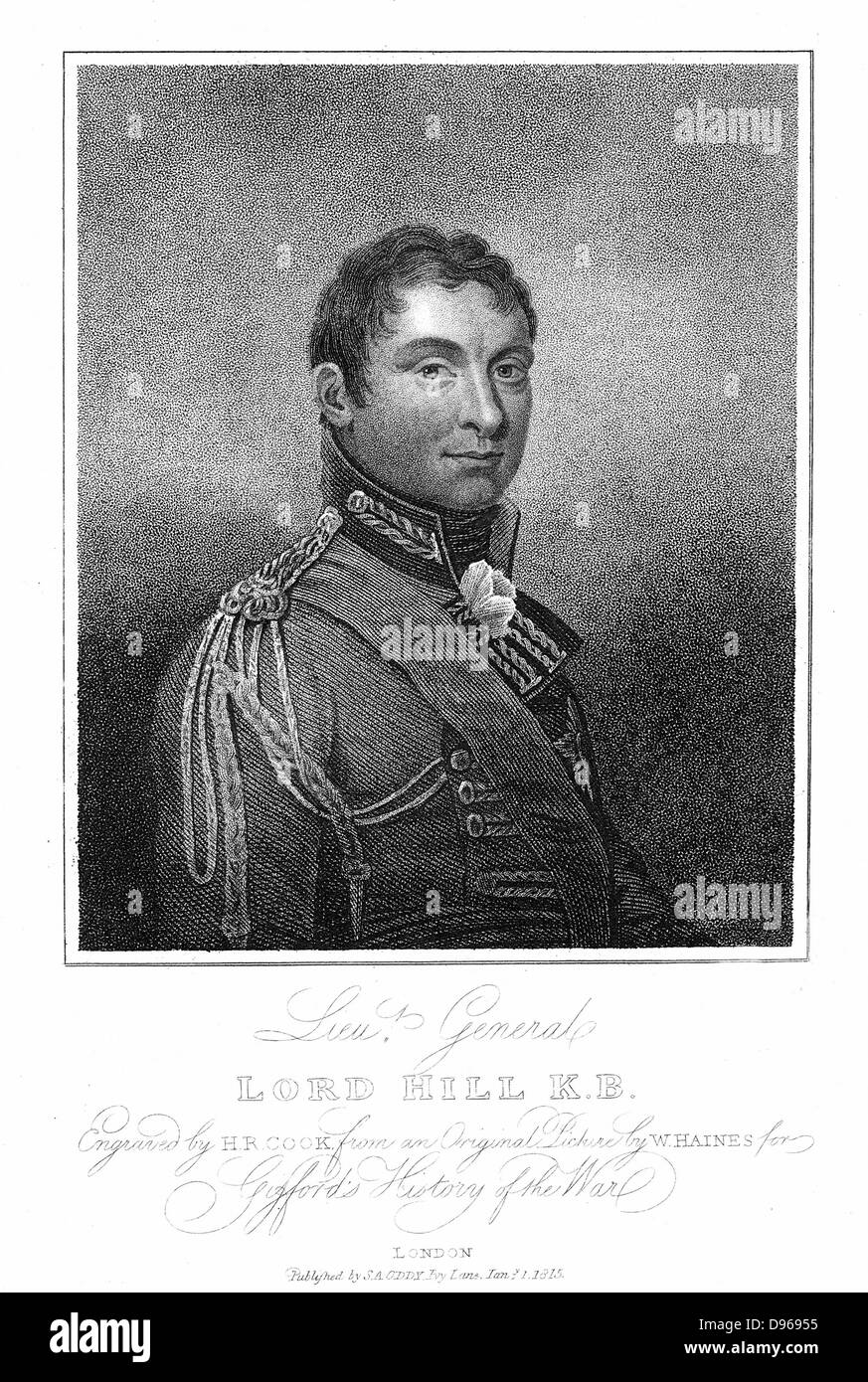 Rowland Hill, 1. Viscount Hill (1772-1842); Englischer Soldat; Lieut-General 1812; Allgemeine 1825; C-in-C der Armee in England 1825-39 als Wellington Premierminister wurde ernannt; Viscount 1842. Einer der vertrauenswürdigsten Leutnants Wellingtons während Halbinsel-Kampagne. Stipple Engraving veröffentlicht 1815 Stockfoto