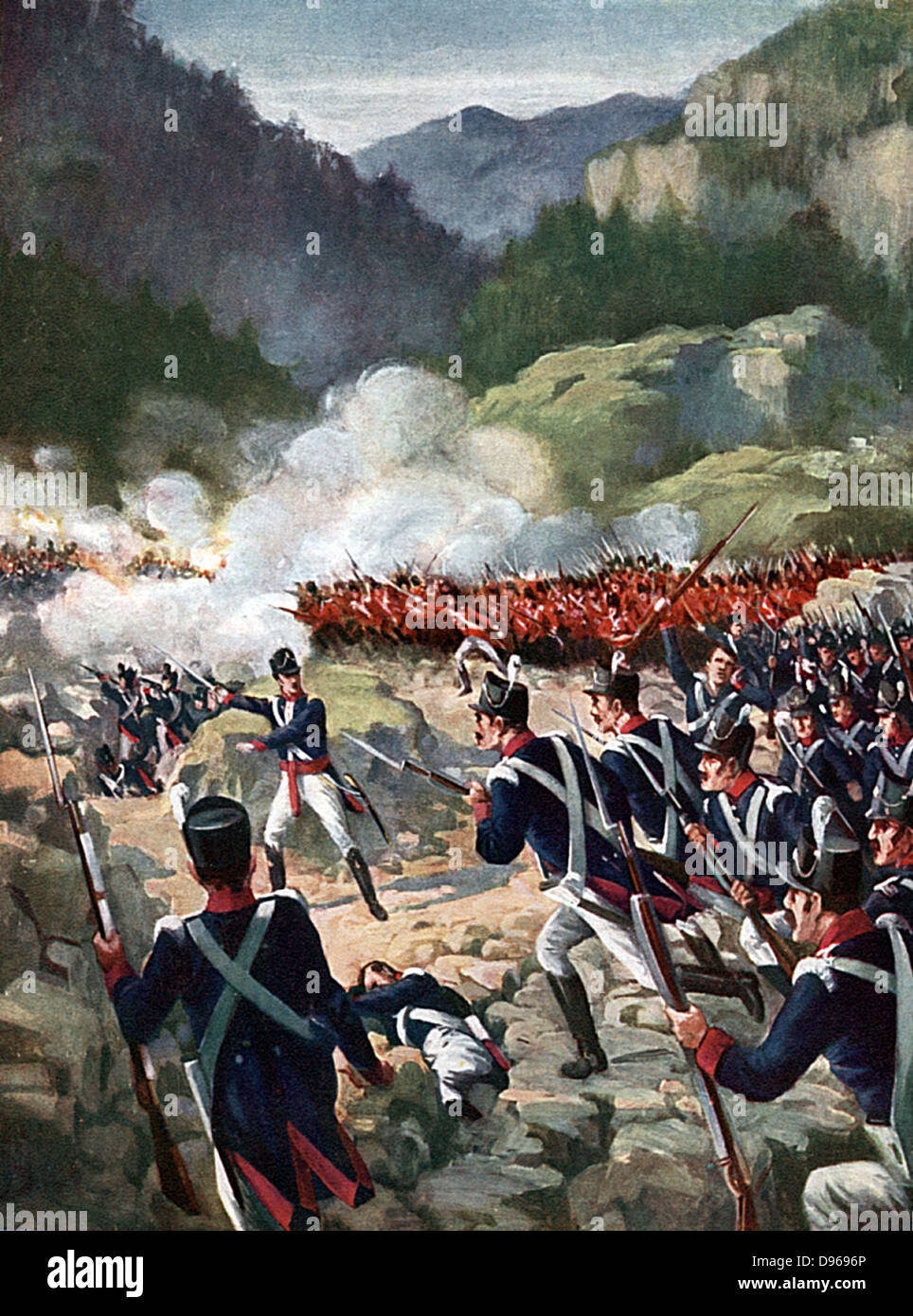 Schlacht von Busaco, 27. September 1810: Britische und alliierten Truppen unter Wellington zurückgeschlagen Franzosen unter Massena. Jahrhunderts Buch Abbildung. Stockfoto
