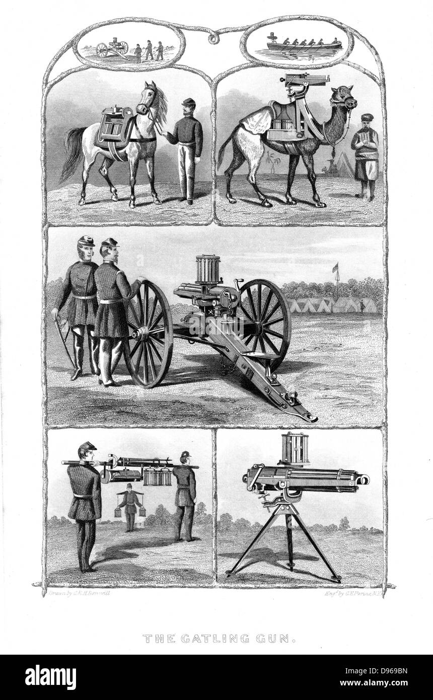 Schnellfeuer-Gatling-Kanone (1861-1862): verschiedene Modelle. Von "Der Wissenschaft Record" New York, 1862. Gravur Stockfoto