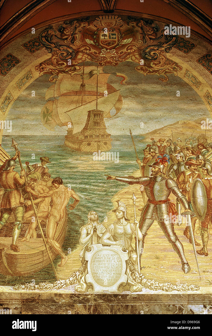 Francisco Pizarro (c 1478-1541) spanische Konquistador. Pizarro und seine Soldaten auf der Insel Gallo. Mosaik von Pizarro Grab in der Kathedrale von Lima Stockfoto