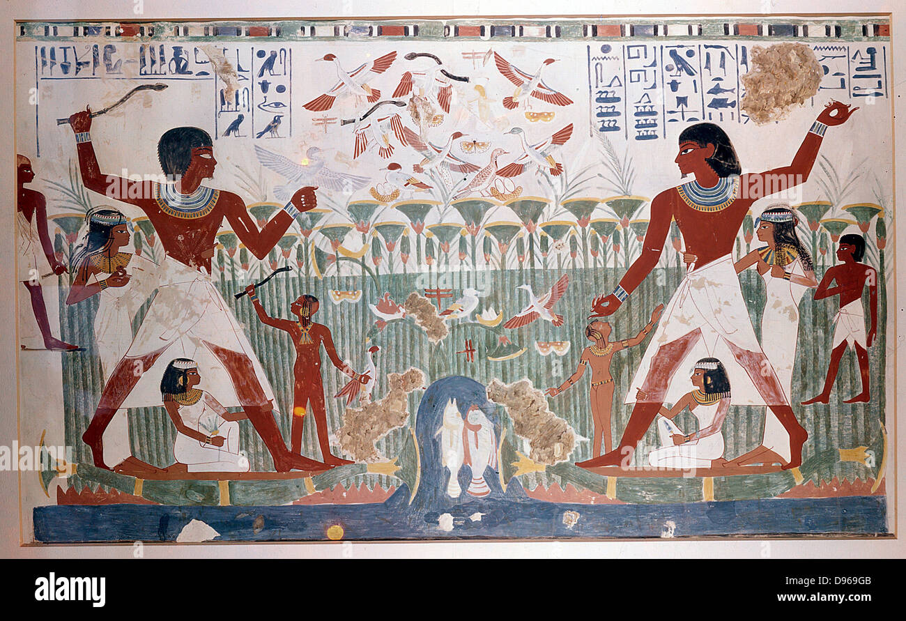 Die alten Ägypter Jagd Wildvogel mit Werfen von Stöcken. Bild zeigt Papyrus reed Bett mit Fisch und zahlreiche Vogelarten, darunter Schwarm Gänse in die Luft. British Museum Stockfoto