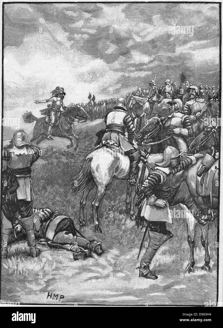 Englisch Bürgerkriege: Schlacht bei Naseby vom 14. Juni 1645. Charles I, der versucht, seine Truppen für eine endgültige Gebühr gegen Cromwells Truppen zu sammeln. Nach dem 19. Jahrhundert Gravur. Stockfoto