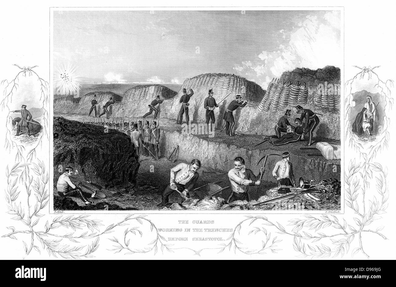 Krim (Russisch-türkischen Krieg 1853-1856). British Guards Regiment in den Schützengräben, der während der alliierten Belagerung von Sewastopol, 17. Oktober 1854, 8-9 September 1855. Stahlstich. Stockfoto
