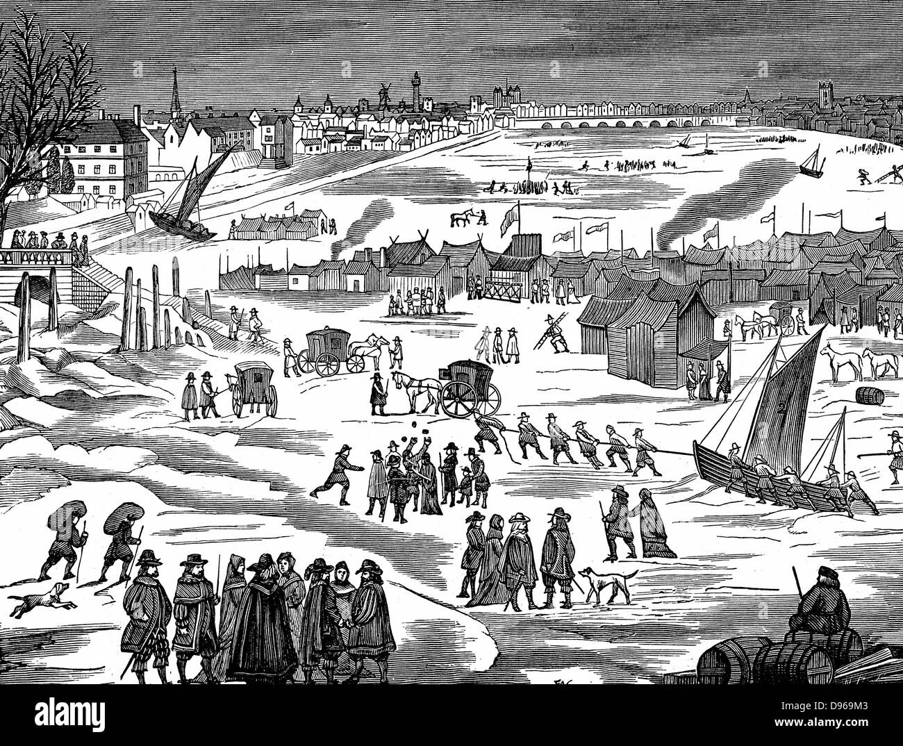 Frost-Messe auf der Themse in London 1683. Faksimile des zeitgenössischen drucken. Stockfoto