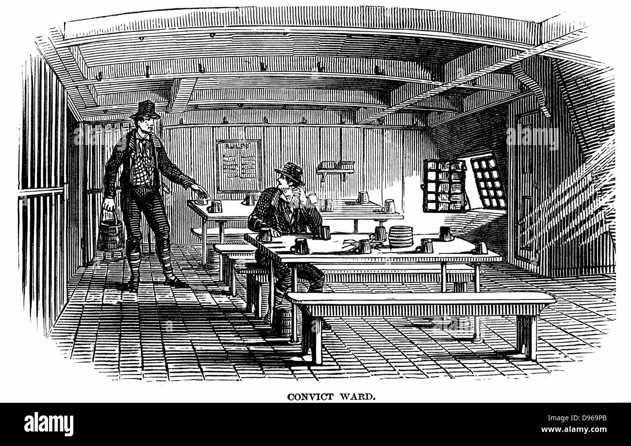 Gefängnis Wracks: Station an Bord der Verurteilte Hulk' Warrior' an Woolwich. Dieses hulk statt 600 und war ein zwischenprodukt Einschluss zwischen einem normalen Gefängnis oder Transport. Die Gefangenen wurden als Arbeiter in den Werften von der "Illustrated London News", 1848. Holzstich Stockfoto