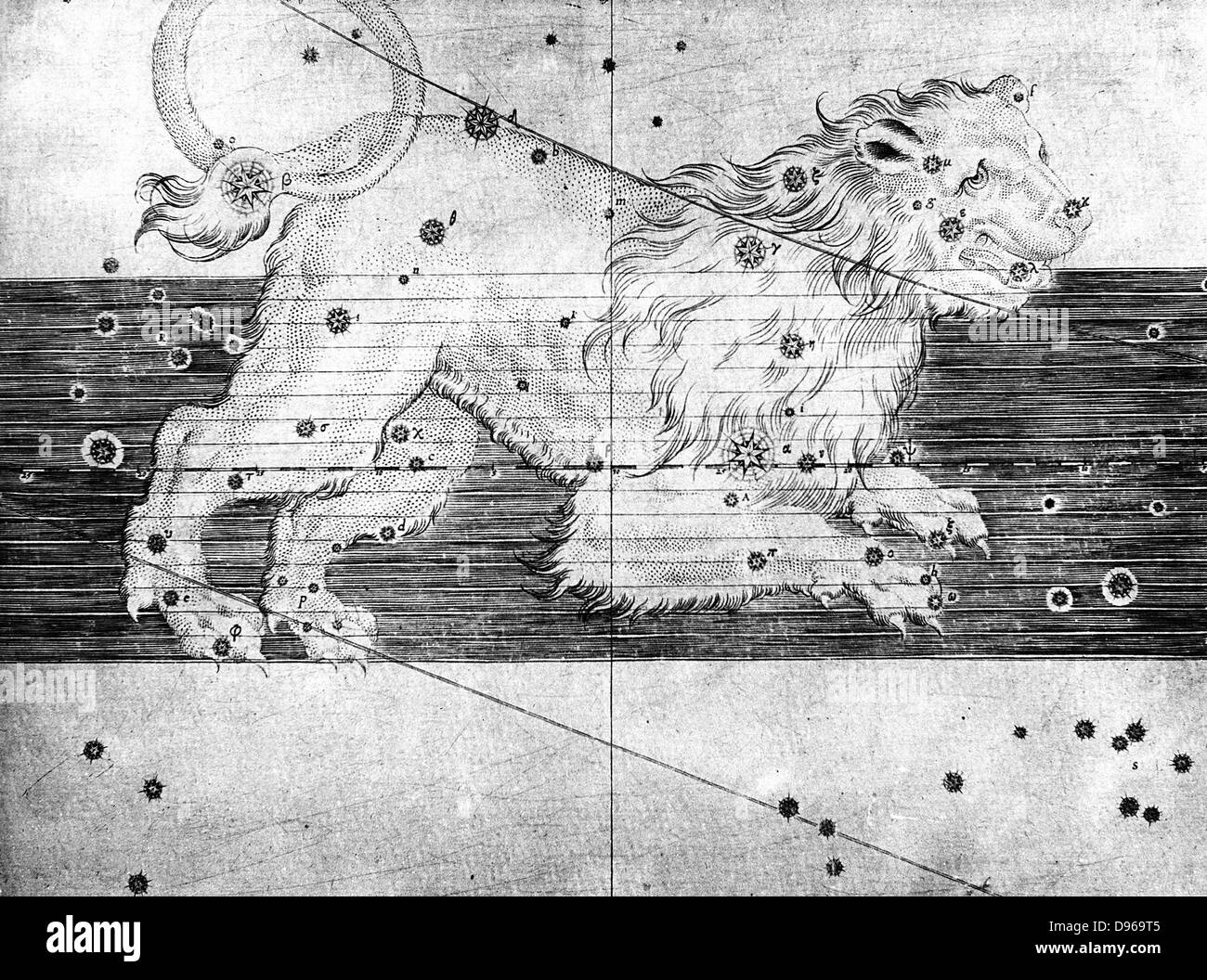 Sternbild des Löwen von Johannes Bayer 'Uranometria' Ulm 1723. Kupferstich Stockfoto