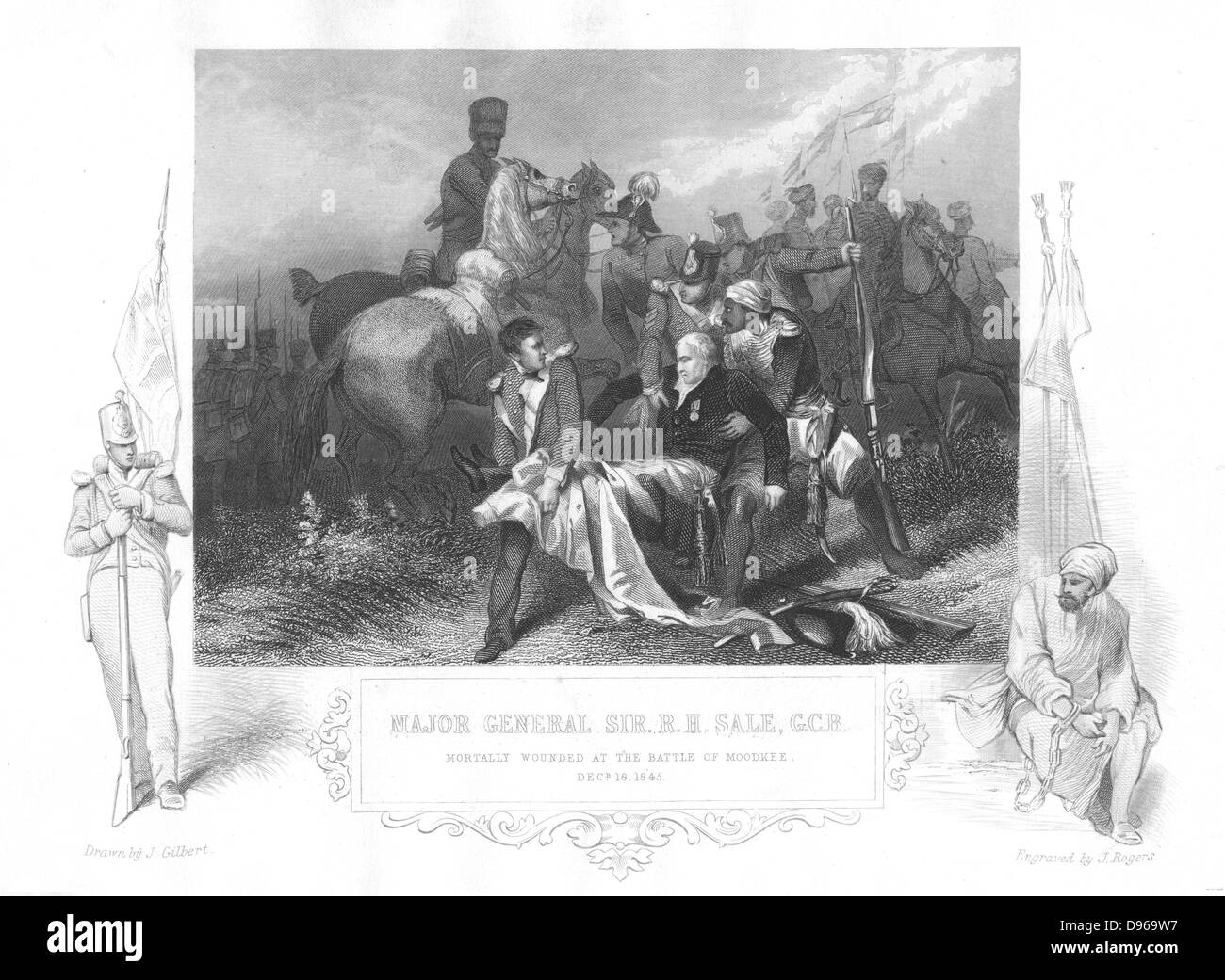 Robert Henry Sale (1782-1845) Englisch allgemein. Tödlich verwundet 18. Dezember 1845, an Schlacht von Mudkhi (Moodkee), durchgeführt vom Schlachtfeld. Gravur Stockfoto