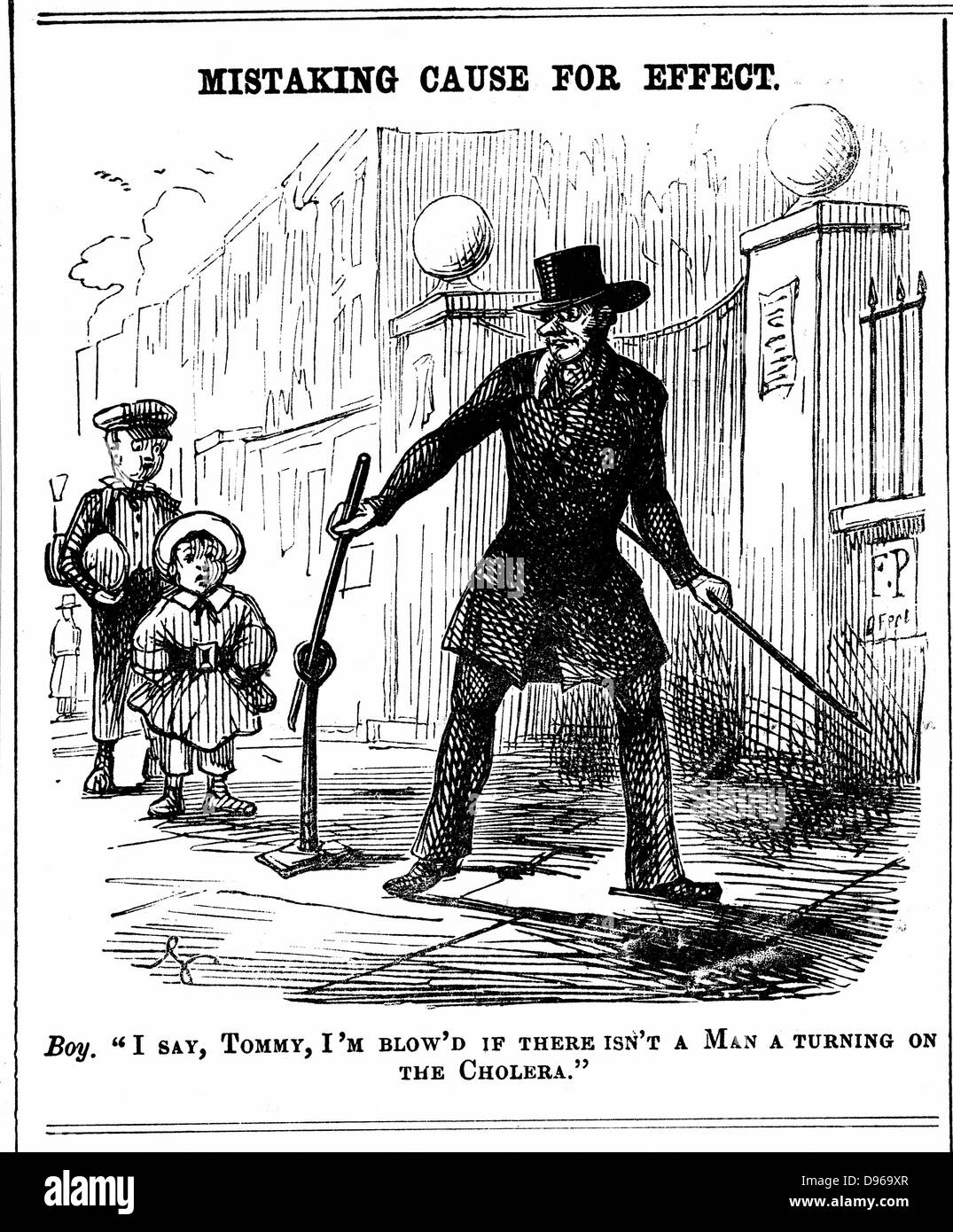 Ursache für Wirkung zu verkennen. Junge glaubt, dass der Wasserbehörde Mann Cholera dreht.  Cartoon von 'Punch' London, 1849 Stockfoto