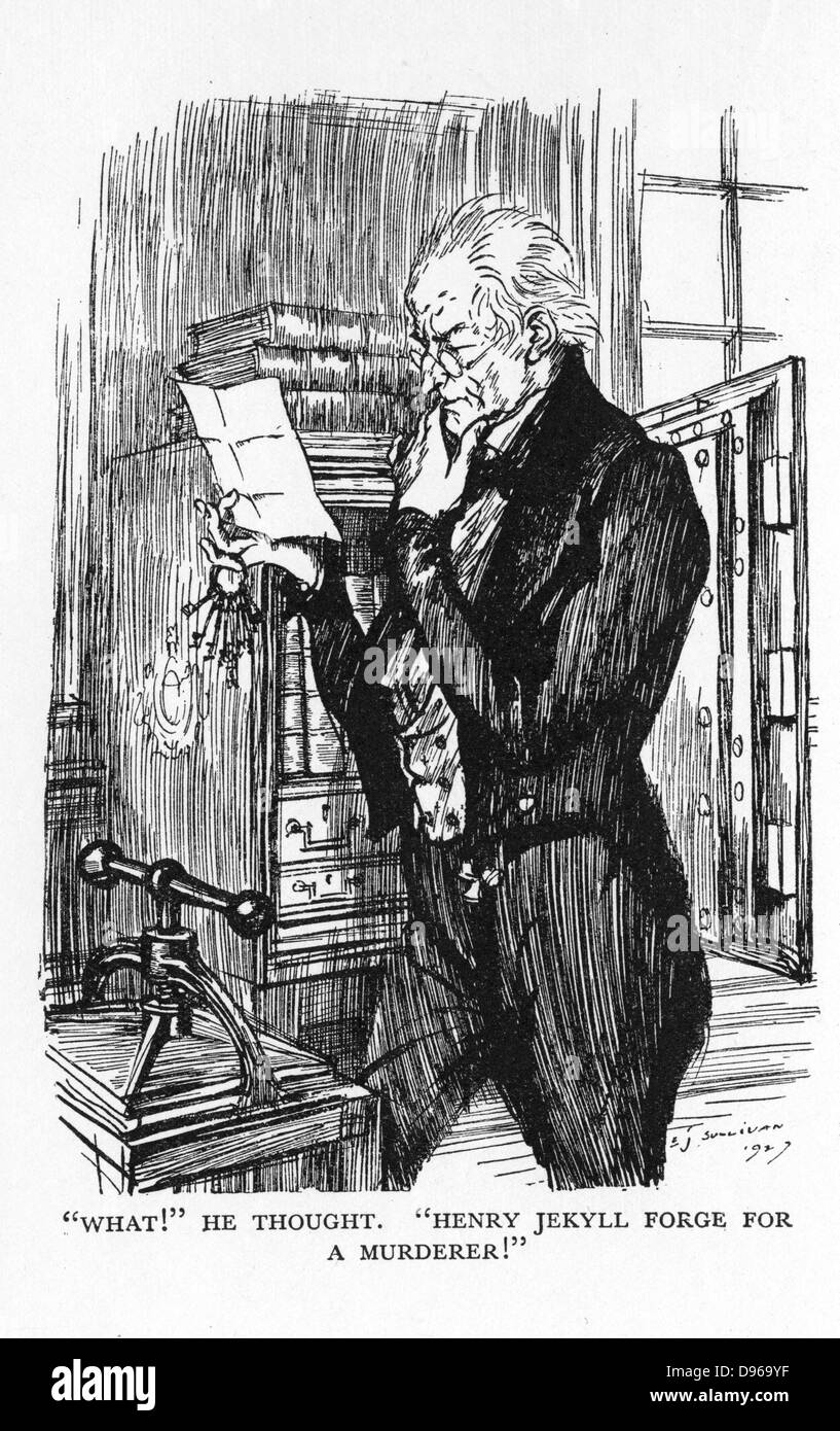 Robert Louis Stevenson Der seltsame Fall von Dr. Jekyll und Mr Hyde" zuerst veröffentlicht 1886. Herr Utterson, Lesung des Hyde Brief an Jekyll, zu realisieren, dass die Handschrift der beiden gleich ist. Abbildung von Edmund J. Sullivan aus einer Edition veröffentlicht 1928. Stockfoto