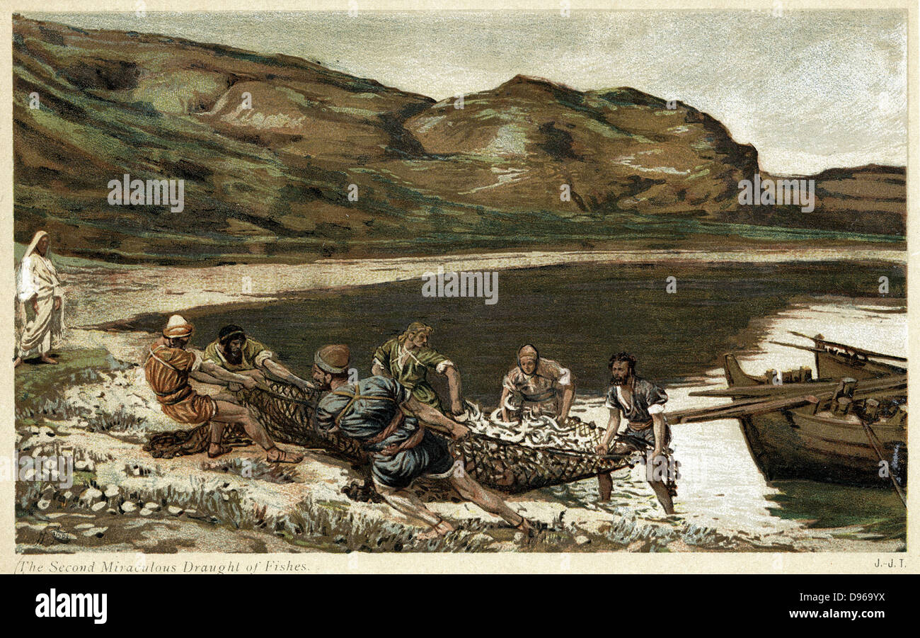 Die zweite wundersame Tiefgang von Fischen. Johannes 21. Von JJ Tissot c1890 "Das Leben unseres Erlösers Jesus Christus". Oleographie Stockfoto