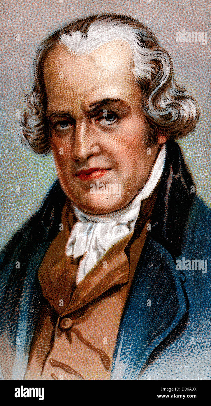 James Watt (1736-1819), schottischer Ingenieur und Erfinder. Kondensierende Dampfmaschine. Farblitho Stockfoto