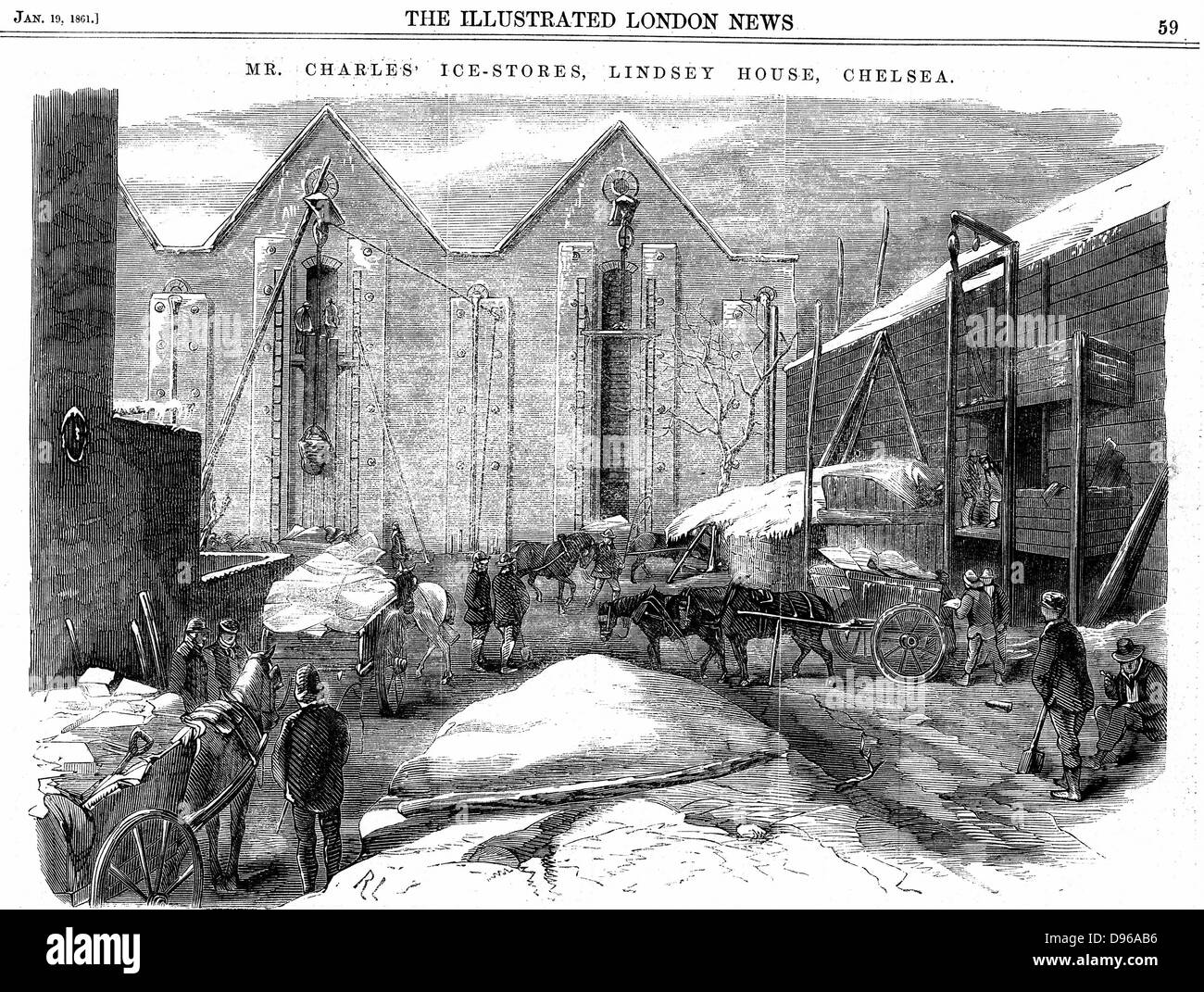 Eis in isolierten Lagern im Januar für den Sommer gespeichert werden gestapelt. Charles's Ice Store, Chelsea, London. Holzstich, 1861 Stockfoto