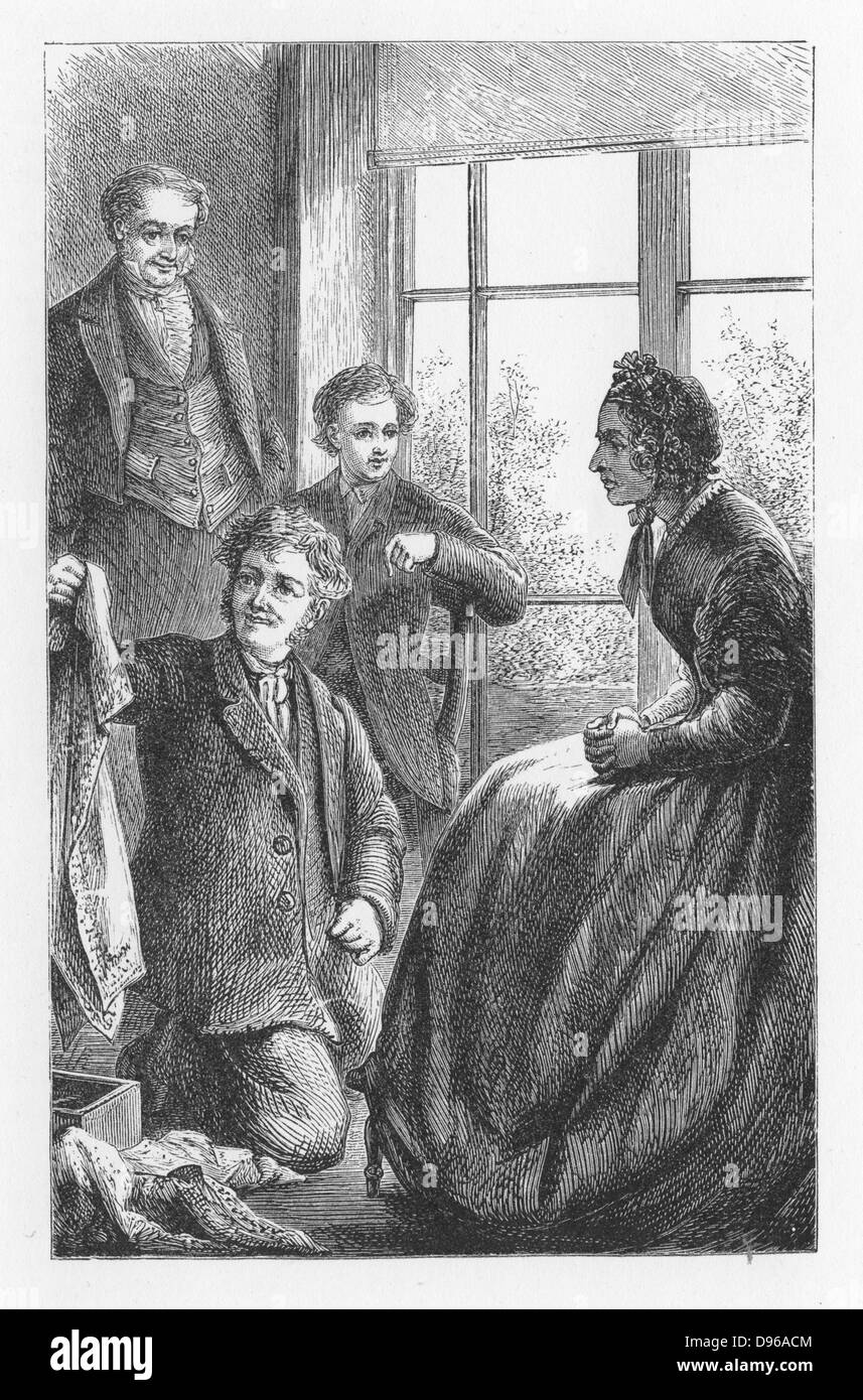 Tante Clegg, eine der Schwestern Frau Tulliver's, mit Blick auf die Waren, Bob Jachin pack. Abbildung von Walter James Allen (1859-1891) für ein undatiertes 19. Ausgabe von "Die Mühle am Floss' von George Eliot, ursprünglich 1860 veröffentlicht. Stockfoto