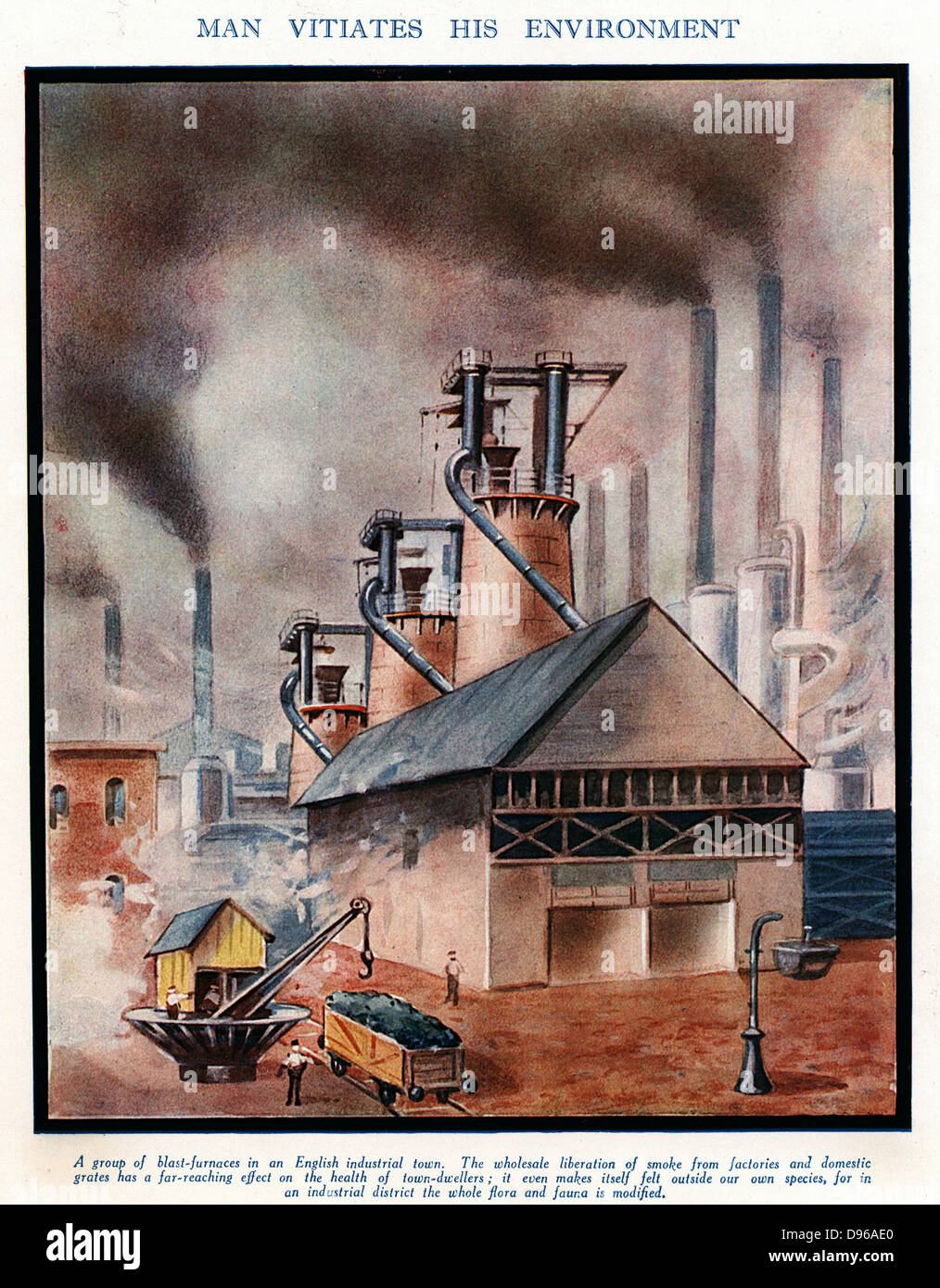 Gruppe von typischen frühen 20. Jahrhundert Hochöfen mit rauchenden Schornsteinen verursacht Luftverschmutzung verursacht. Stockfoto