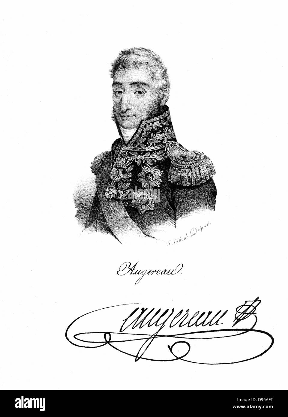 Pierre Francois Charles Augereau, Herzog von Castiglione (1757-1816). Französische Soldaten während der Napoleonischen Kriege. Marschall von Frankreich 1804. In der militärischen Kleid tragen Bestellungen und Dekorationen gezeigt. Lithographie Stockfoto