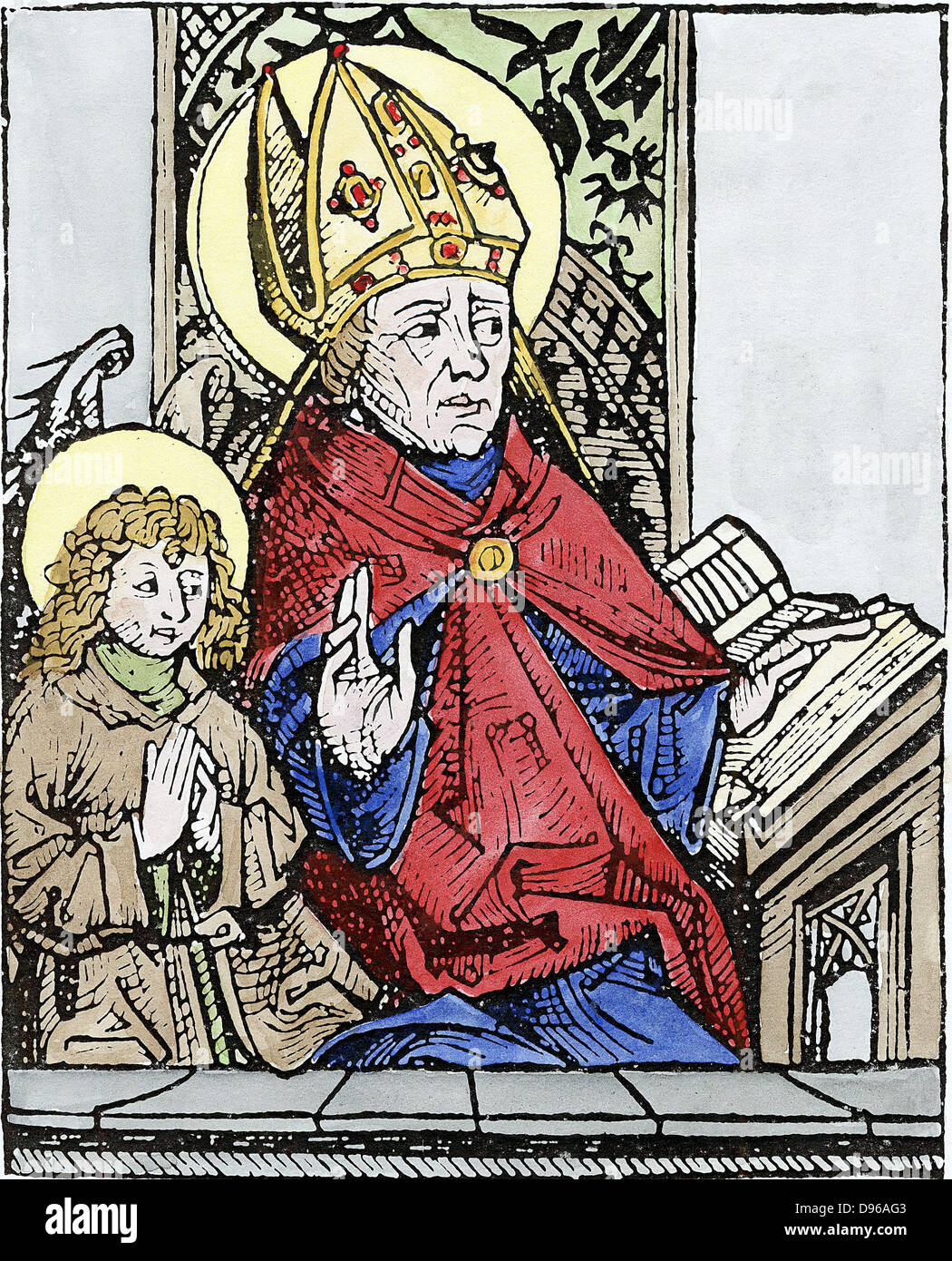 Der hl. Augustinus von Hippo (350-430), einer der großen Väter der frühen christlichen Kirche. Zweites Bild ist sein Sohn Ambrosius. Hand - farbige Holzschnitt von 1493 Stockfoto