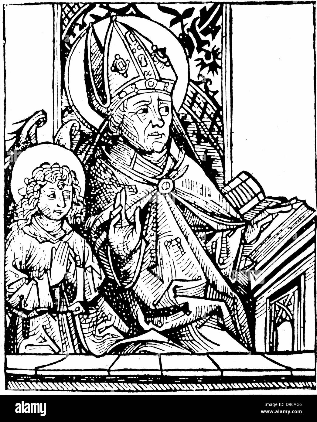 Der hl. Augustinus von Hippo (350-430), einer der großen Väter der frühen christlichen Kirche. Zweites Bild ist sein Sohn Ambrosius. Von Hartmann Schedel "Liber chronicarum mundi", Nürnberg, 1493. Holzschnitt Stockfoto