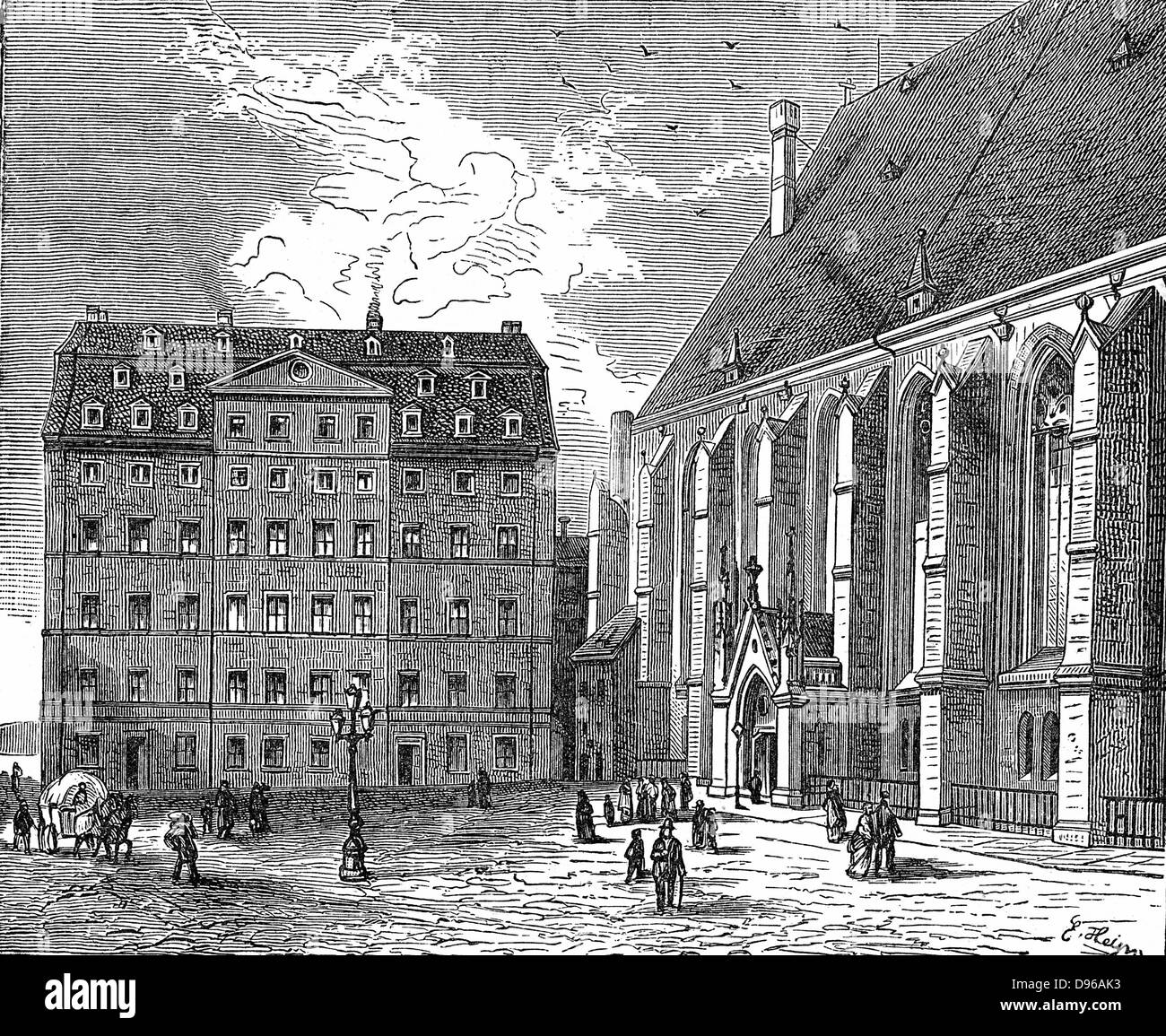 Johann Sebastian Bach (1685-1750), deutscher Komponist und Organist. Bachhaus in Leipzig. Holzstich-c1890 Stockfoto