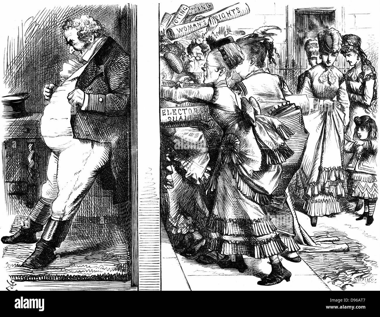 Lydia Ernestine Becker (1827-1890), britischer Verfechter der Frauenwahlrecht, Herausgeber von "Frauenwahlrecht Journal' 1870-90 und führte den Angriff auf Tür John Bull's in einer Bemühung, Stimmen für Frauen während der Reform des Parlaments zu sichern. John Tenniel Karikatur aus "Punch" London, 28. Mai 1870. Stockfoto