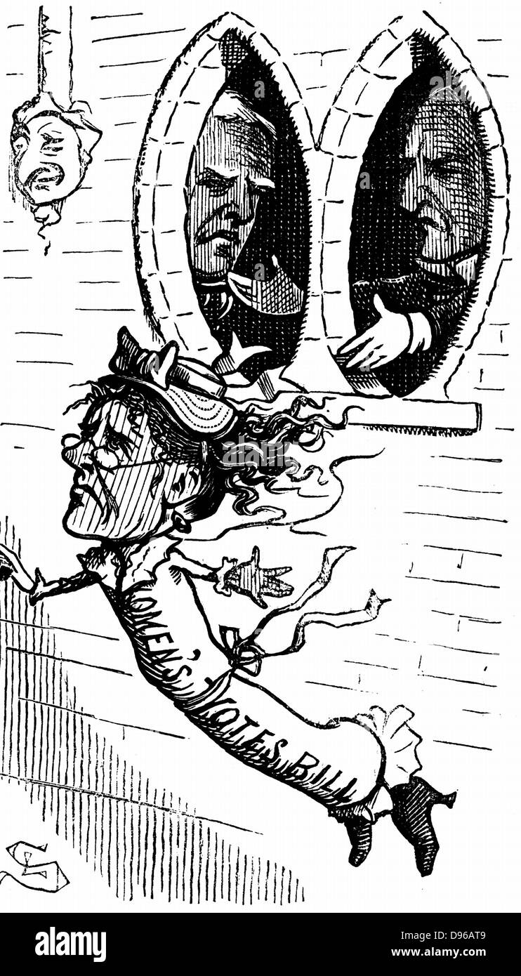 Lydia Ernestine Becker (1827-1890), britischer Verfechter der Frauenwahlrecht, Herausgeber von "Frauenwahlrecht Journal" 1870-90. Im Wahlrecht der Frauen eingewickelt, die aus dem Parlament geworfen. Cartoon von "Punch" London, 20. Mai 1871 Stockfoto