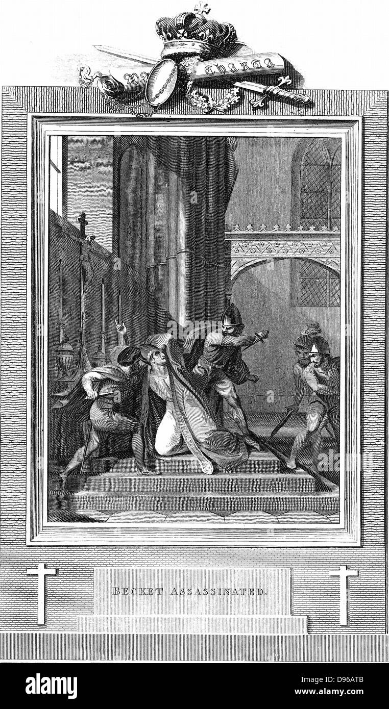 Thomas Becket (1118-1170) Englisch Kirchenmann, Heiliger und Märtyrer; Bundeskanzler zu Heinrich II., Erzbischof von Canterbury von 1162; Durch vier Ritter in der Kathedrale von Canterbury ermordet. Kupferstich von 1825 Stockfoto