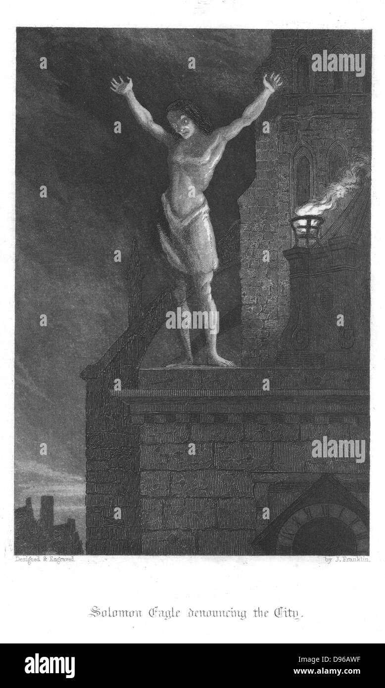 Salomo Eagle verurteilte die City von London von der Brüstung von St. Paul's. Pest in London, 1665. Illustration von John Franklin (1800-1861) für William Harrison Ainsworth "Old Saint Paul's', London 1855 (erste Veröffentlichung 1841). Gravur Stockfoto