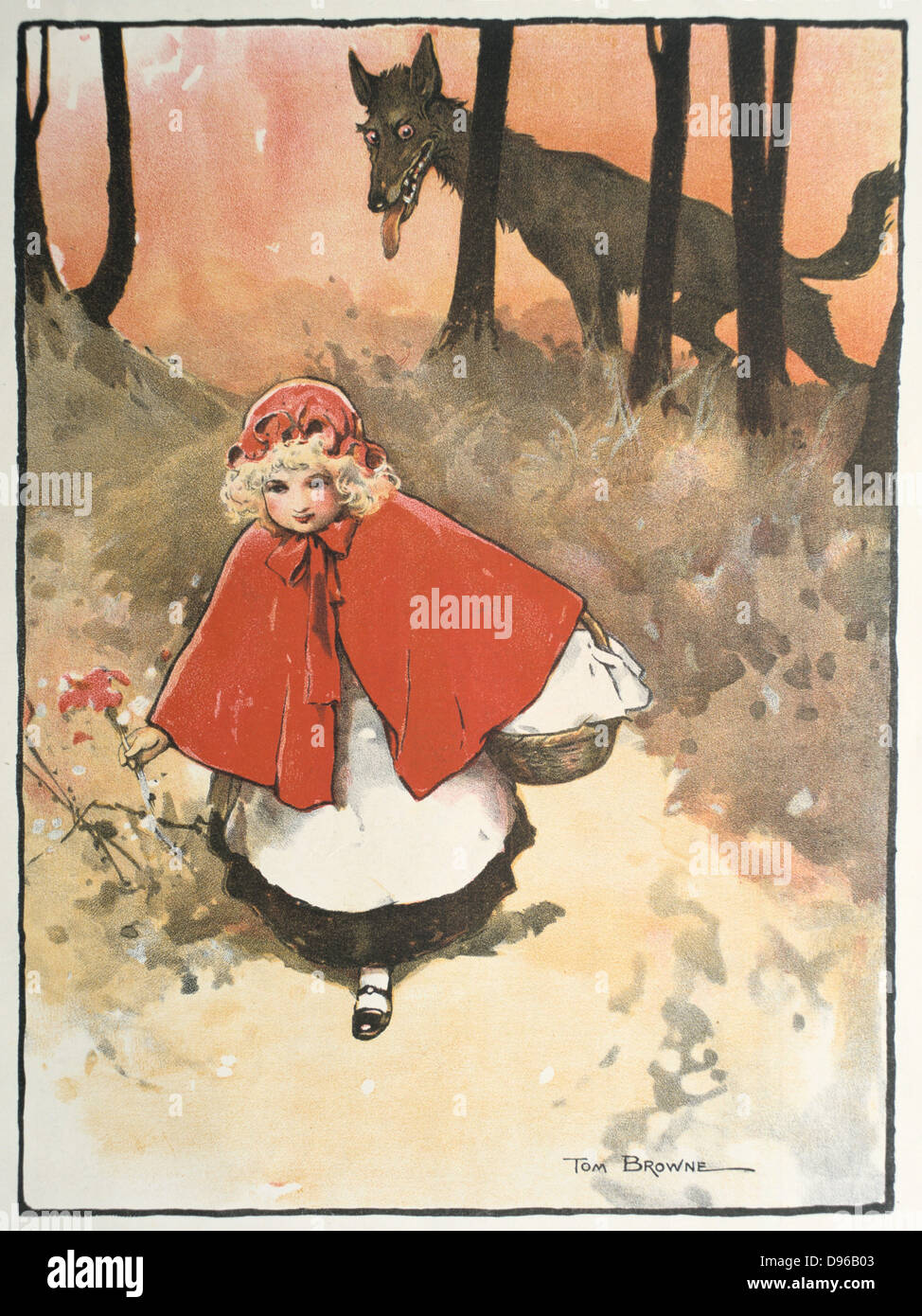 Rotkäppchen auf dem Weg zu ihrer Großmutter beobachtet durch ein finsteres, leering Wolf. Abbildung von Tom Browne (1872-1910) für das Märchen. Veröffentlicht 1900 Stockfoto