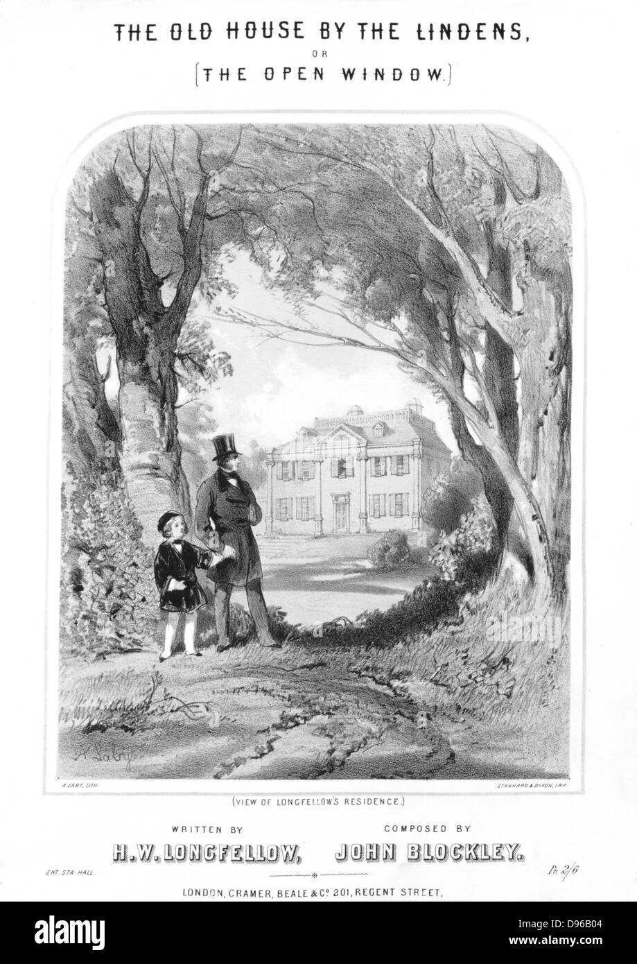 Henry Wadsworth Longfellow (1807-1882) amerikanischer Dichter. Longfellow's House, Getönte Lithographie von der Abdeckung des eine Einstellung von seinem Gedicht "Das alte Haus von der Linden (Tür offen)" zu Musik von John blockley (1800-1882). Stockfoto