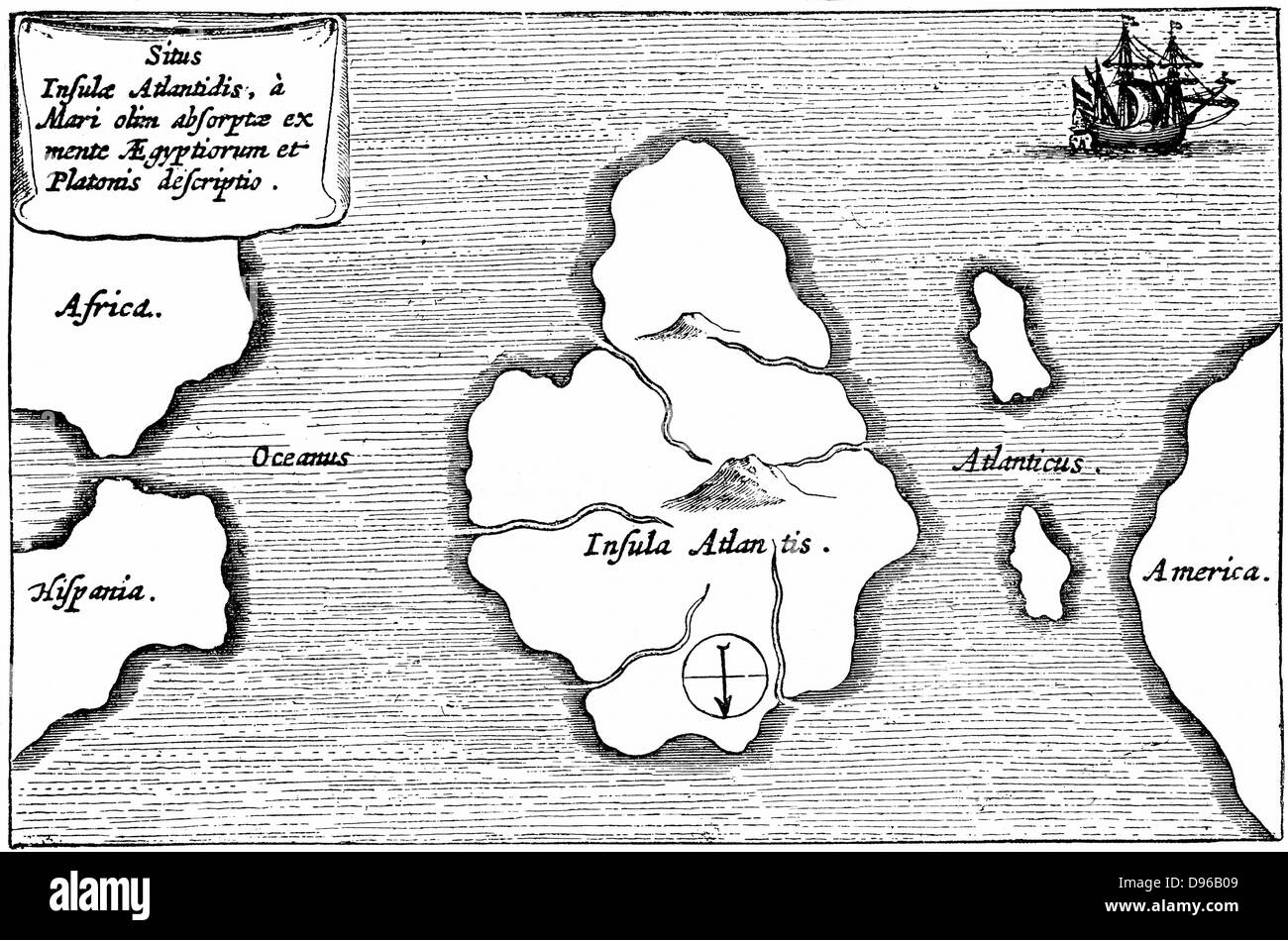 Legendären Insel Atlantis beschrieben, die von Platon und sagte zu liegen vor den Säulen des Herakles (Gibraltar und den Monte Hacho). Gravur nach Beschreibung von Athanasius Kircher (1602-1680), deutscher Jesuit und Wissenschaftler. Stockfoto