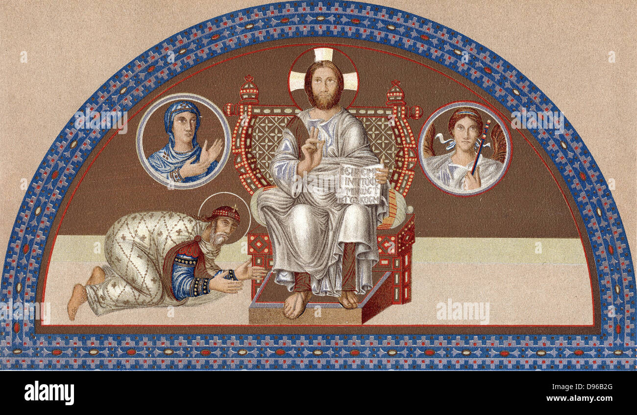 Christus auf dem Thron: Links, Leo VI., der Philosoph, 865-911, Kaiser des Ostens ab 886, kniet auf des Heilandes Füßen. Chromolithograph nach dem 9. Jahrhundert Mosaik in der Hagia Sophia, Konstantinopel. Stockfoto