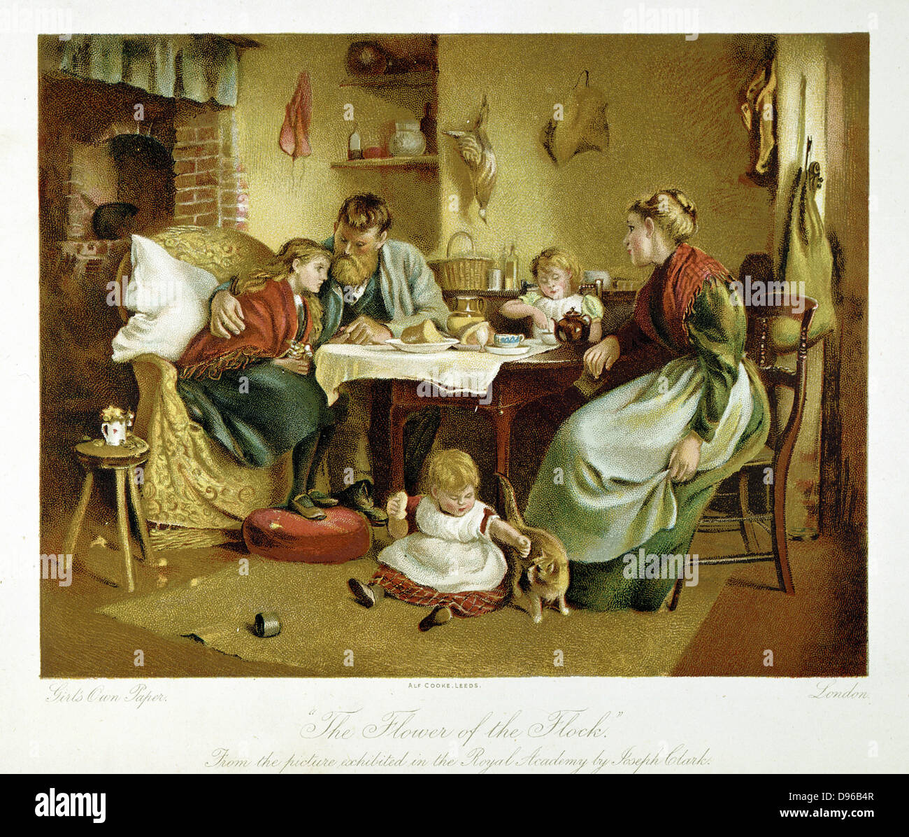 Die Blume der Herde'Artisan land Familie im Tee Tabelle mit liebevollen, hoffnungslos Sorge für ein Kind, das nicht lange zu leben. Chromolithograph nach Gemälde von Joseph Clark c 1890 Stockfoto