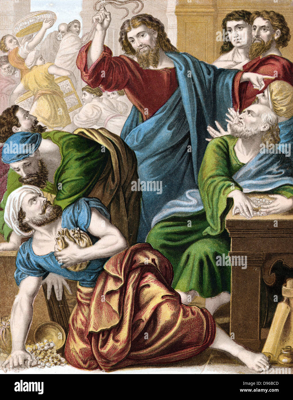 Christus die Geldwechsler aus dem Tempel zu fahren. Matthew: 21. Mitte des 19. Jahrhunderts Farblitho. Stockfoto